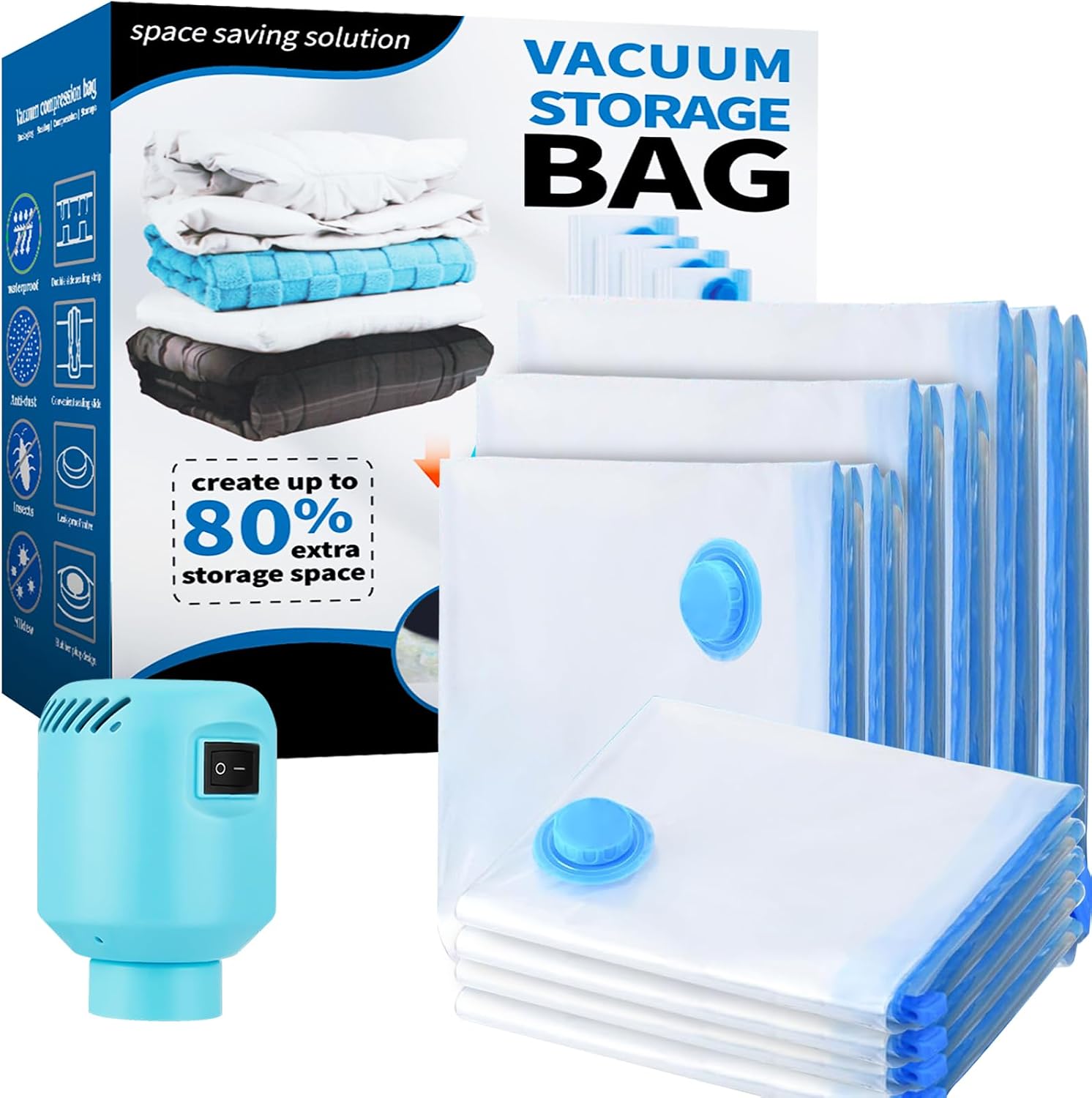 Bolsas de Almacenaje al Vacio 2XL+2L+2M+4S con bomba de aire eléctrico