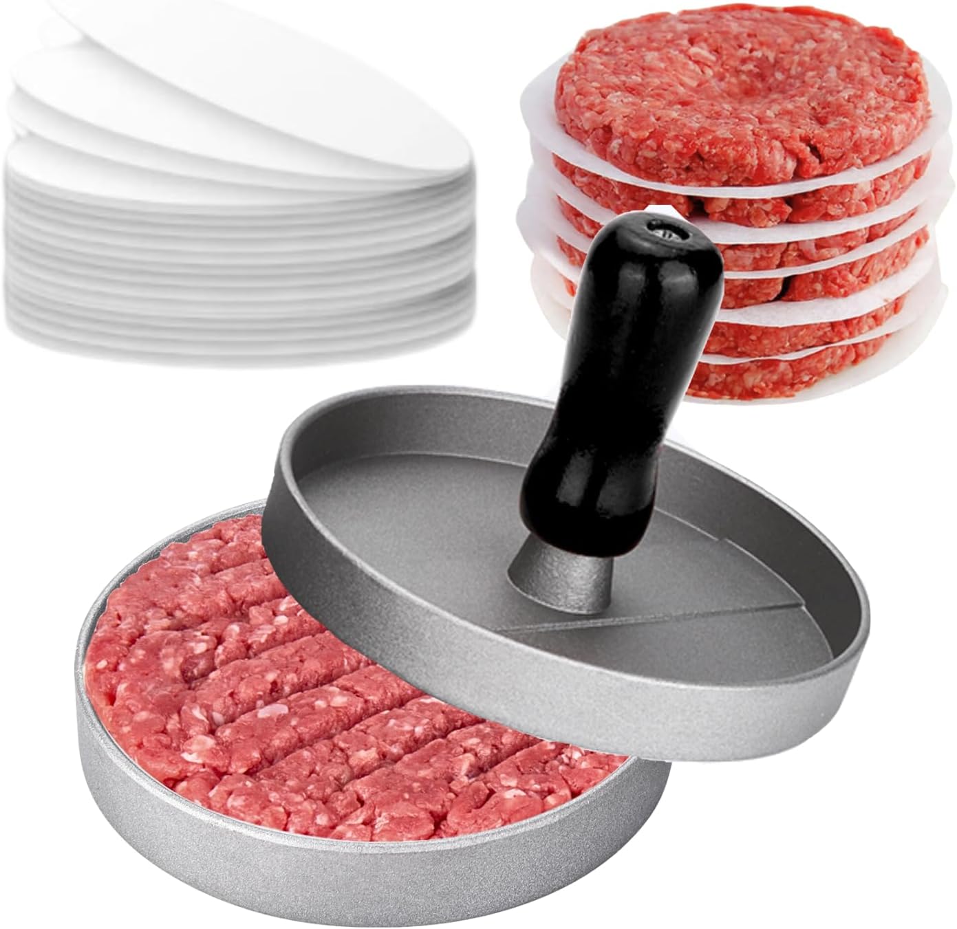 LAKEDO Máquina de prensa de hamburguesas con 100 papeles de disco de cera: fabricante de hamburguesas de aluminio antiadherente, juego de prensa de hamburguesas para hacer hamburguesas