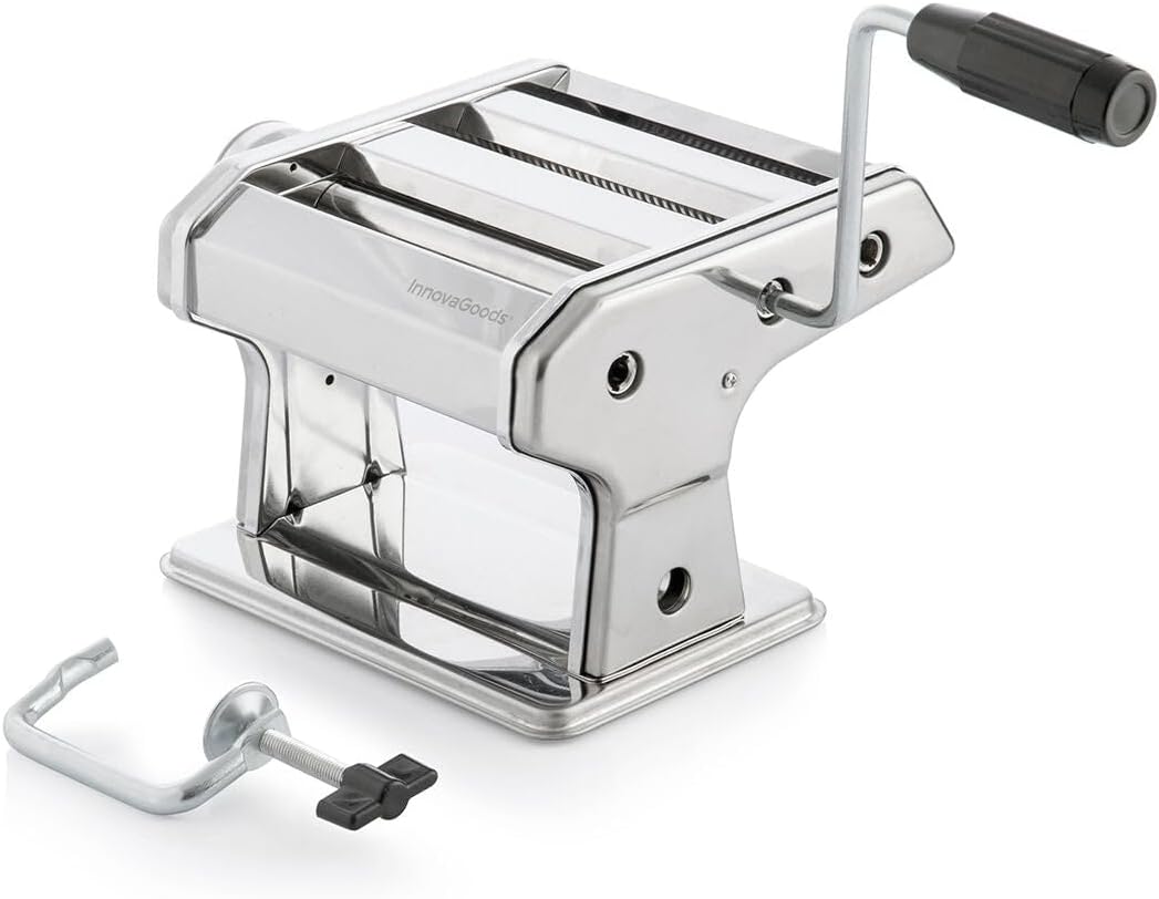 InnovaGoods - Máquina de pasta fresca, Manual con 3 rodillos para espaguetis, tagliatelle, lasaña, grosor de pasta ajustable, Incluye recetas, metal, gris, tamaño mediano