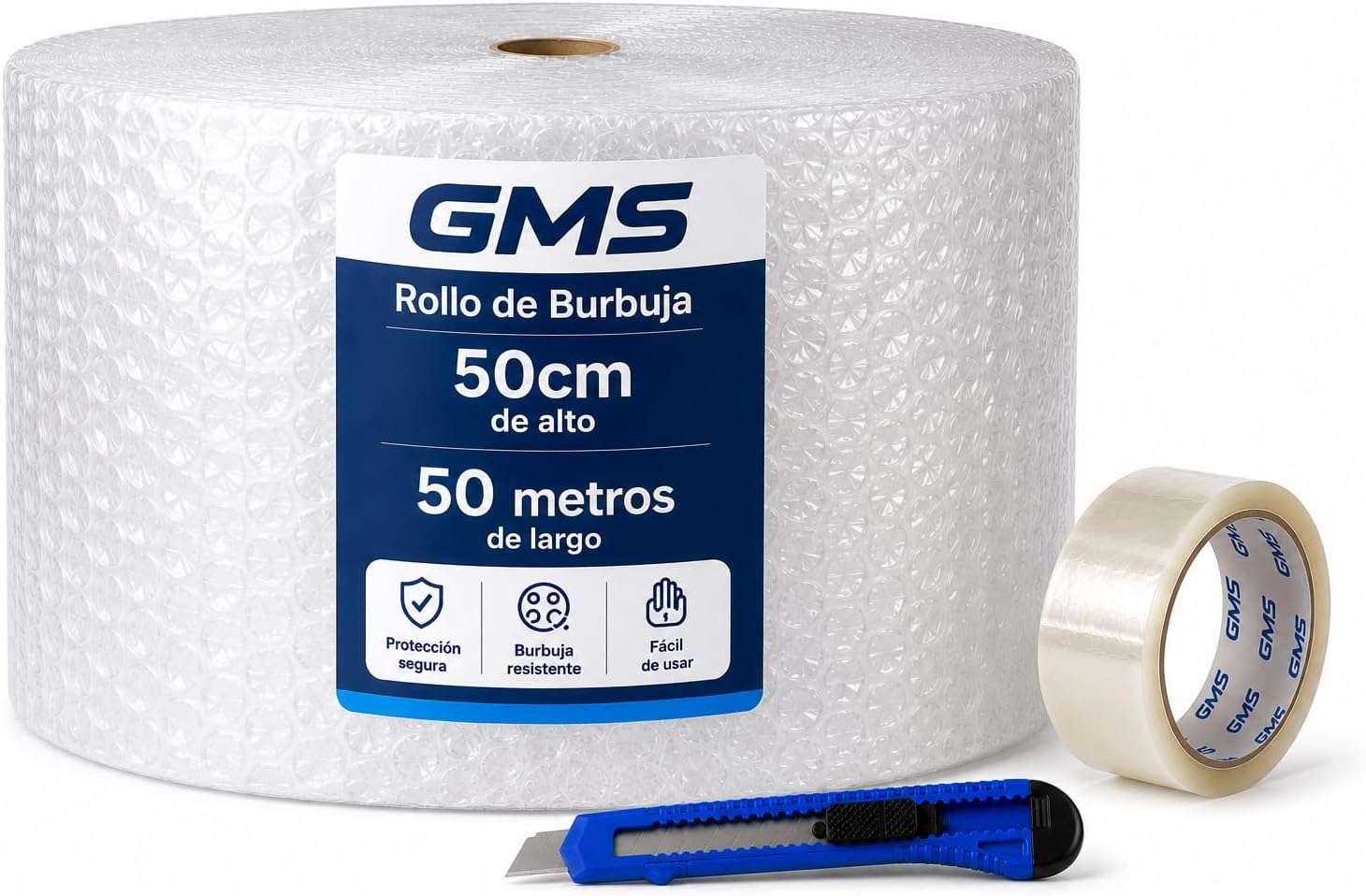GMS - Rollo Burbuja 50cm x 100m + Cutter + precinto - Rollo Burbuja Mudanza - Rollo Burbuja Embalaje - Burbuja Mudanza, Envio y Embalaje - Papel Burbuja (50cm x 100m+Cutter+Precinto)