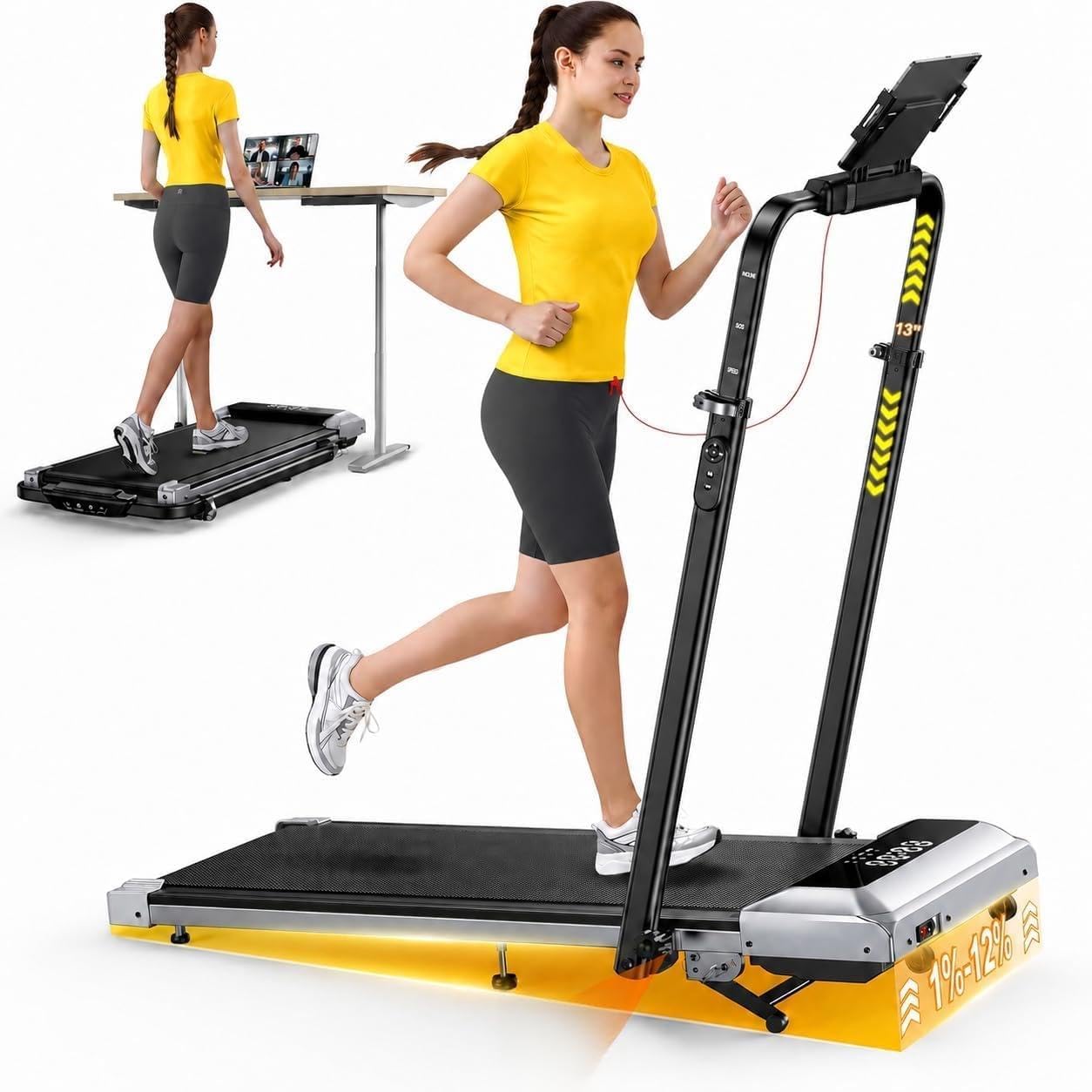 1%-6%-12% Inclinación Cinta de Correr Plegable, 6 en 1 Cinta de Correr, 115 CM Pasamanos Telescópicos Ajustables (95°-105°), 2.5HP Walking Pad para Hogar/Oficina, 12KM/H, Pantalla LED, Remoto, App