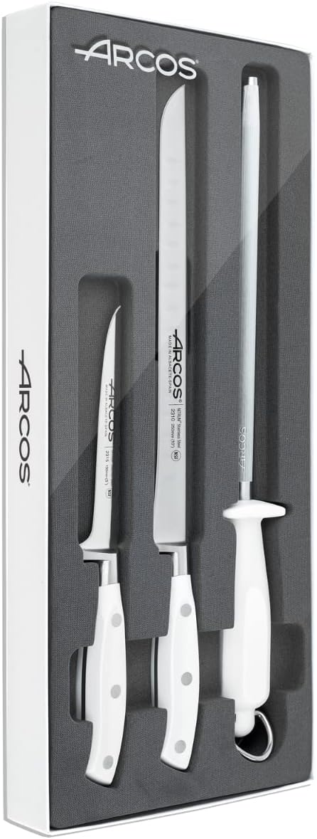 Arcos Serie Riviera Blanc - Set de Deshuesador, Jamonero y Chaira, Acero Inoxidable, Blanco, 50x20x5 cm, 3 Unidades