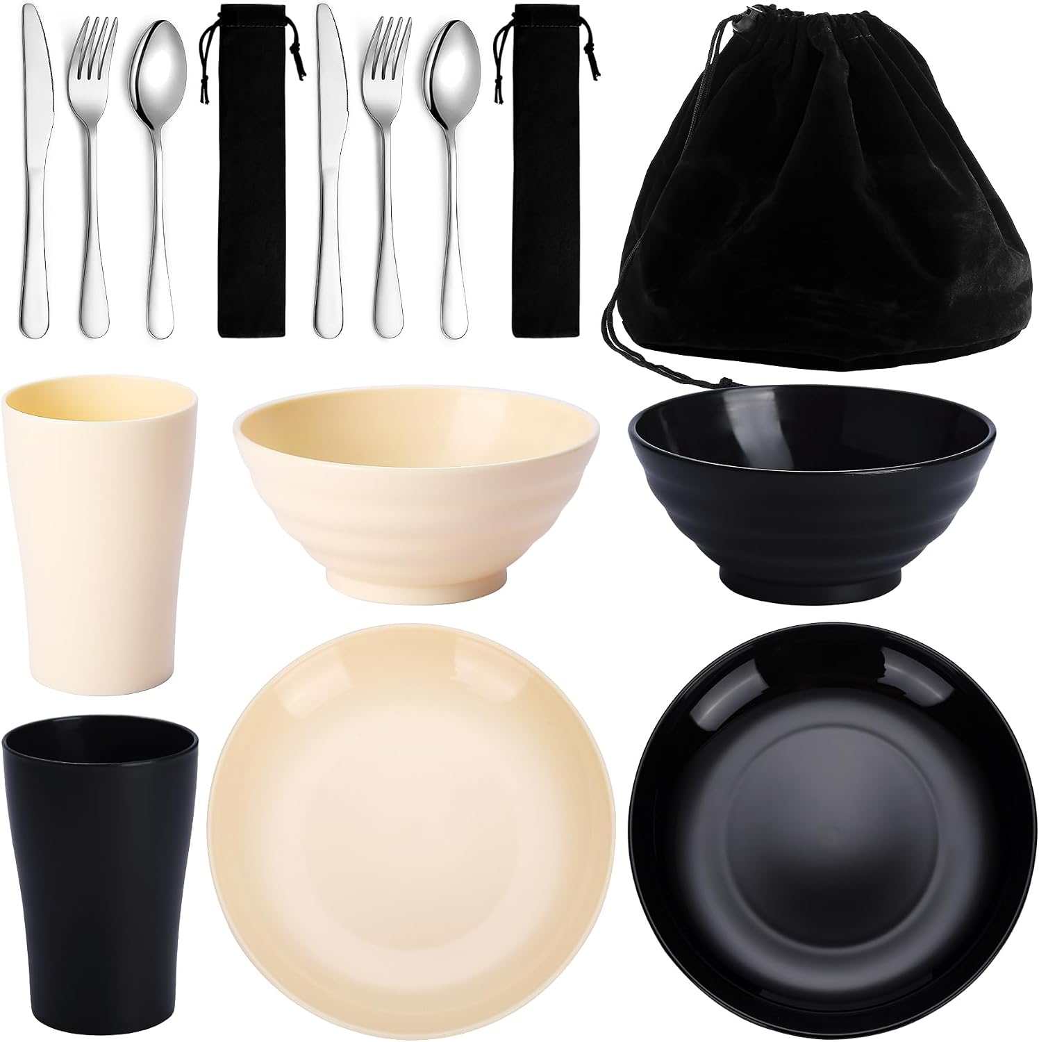 Kyraton Juego de cubiertos de camping de 12 piezas, vasos, platos y cuencos de plástico y cubiertos de acero inoxidable con bolsa negra, apto para camping de 2 persona, apto para lavavajillas