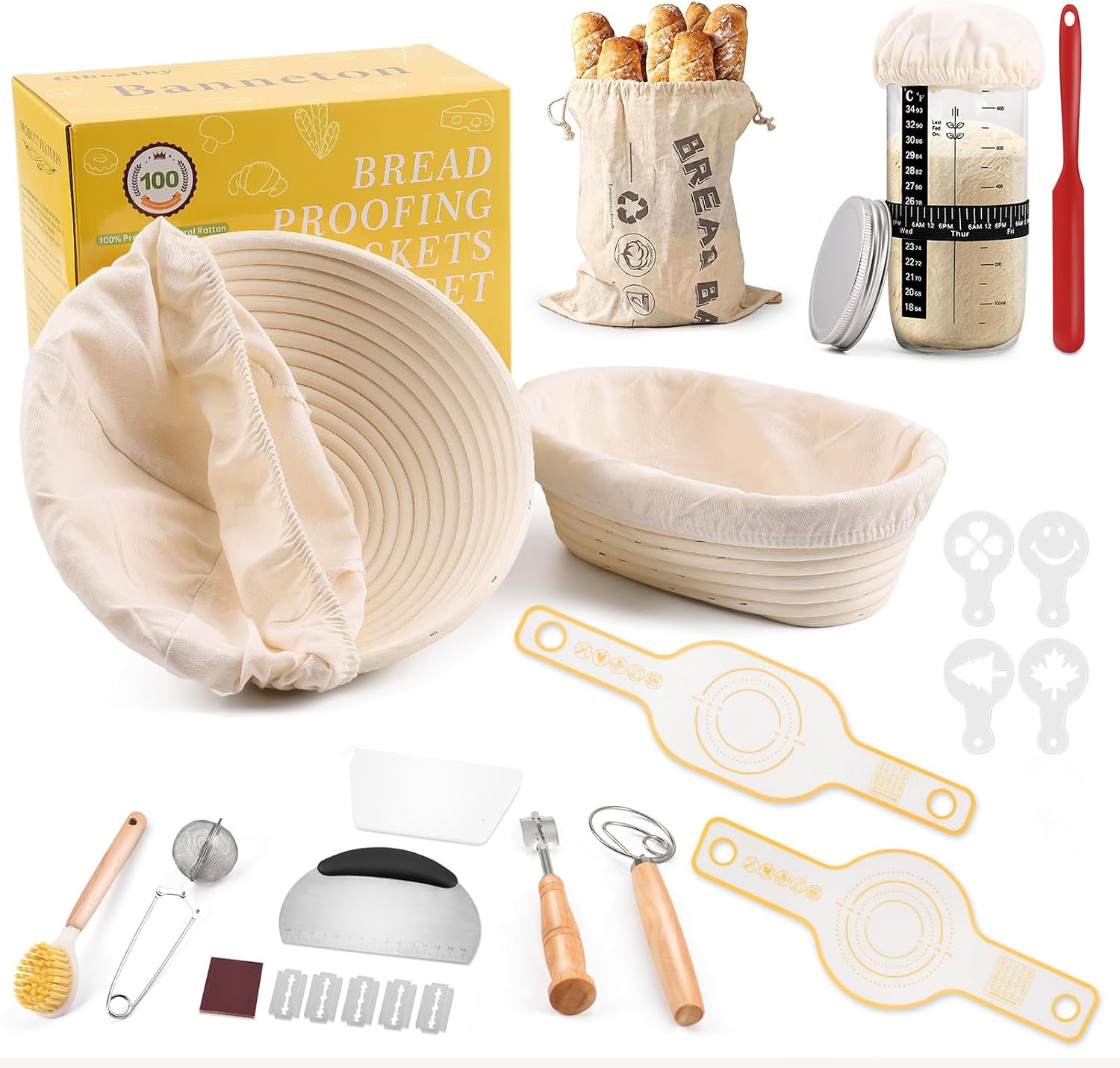 Cesta de Fermentación para Pan Ovalado & Redonda, 12 Piezas Kit Completo de Panadero, Banetones de Caña Natural, Cesta para Pan de Masa Madre para Principiantes y Experimentados