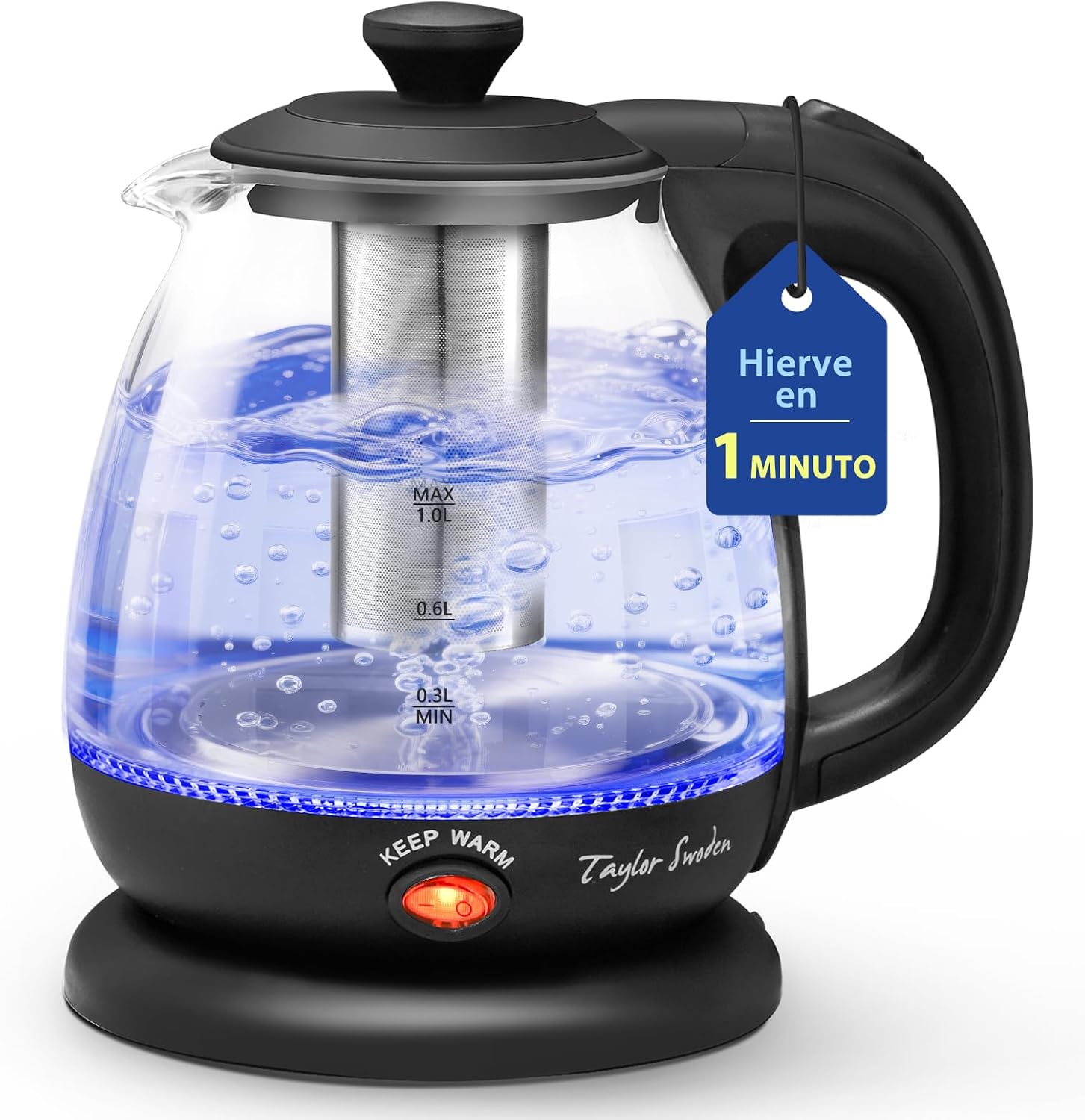 Taylor Swoden Hervidor de Agua Eléctrico de Vidrio Borosilicato 1L, 2200W, Hervido Rápido, Función Mantener Caliente, Infusor de Té Extraíble, Base 360°, Apagado Automático, Libre de BPA