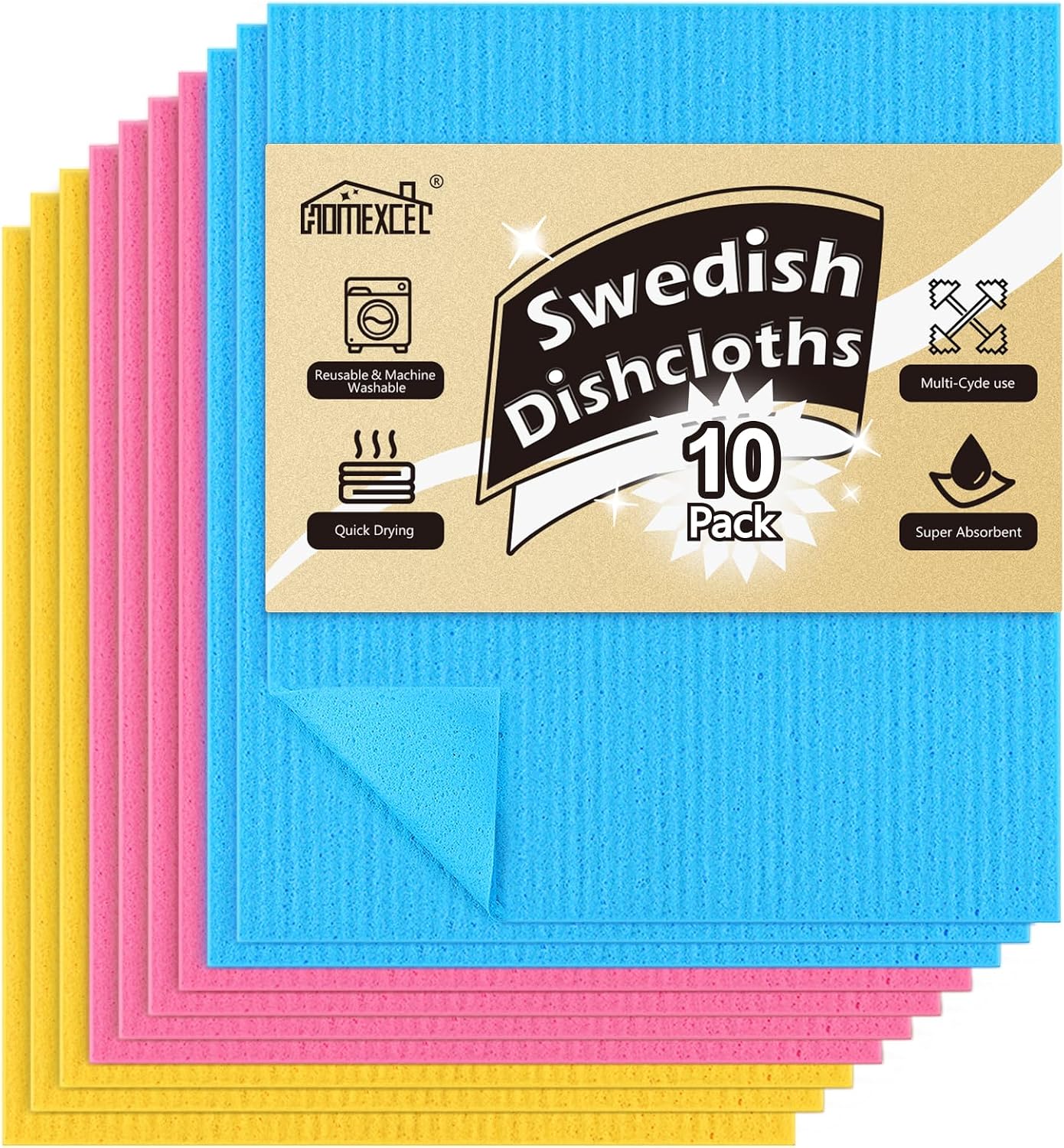 HOMEXCEL Paños de cocina suecos para cocina, paquete de 10 paños de esponja para encimeras y lavar platos, toallas de papel reutilizables y absorbentes, 3 colores surtidos