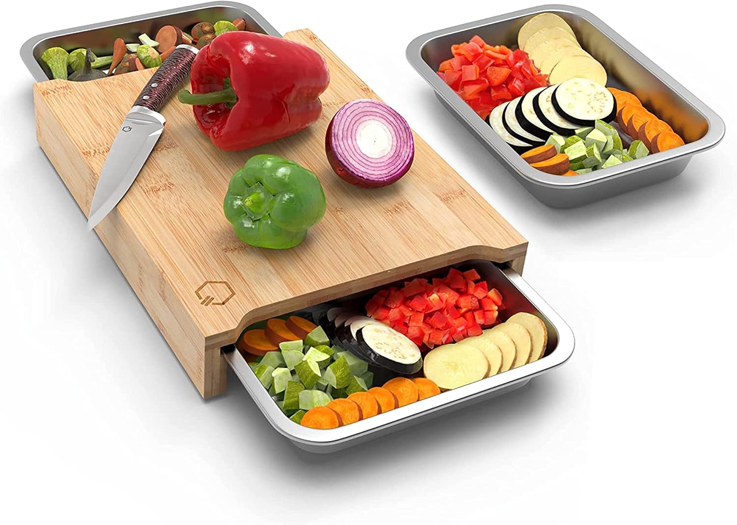 Premium Tabla de cortar con bandejas, bambú con 3 placas de cocción de acero inoxidable, apto para lavavajillas,Tabla de cortar de cocina multifuncional.