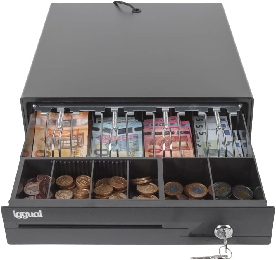 iggual Cajón Portamonedas IRON-10 - Caja Efectivo Registradora Manual o Automática 4 Billetes y 6 Monedas - Cerradura 3 Posiciones - Material Acero+Plástico - Uso profesional - Negro (38x33,5x8)