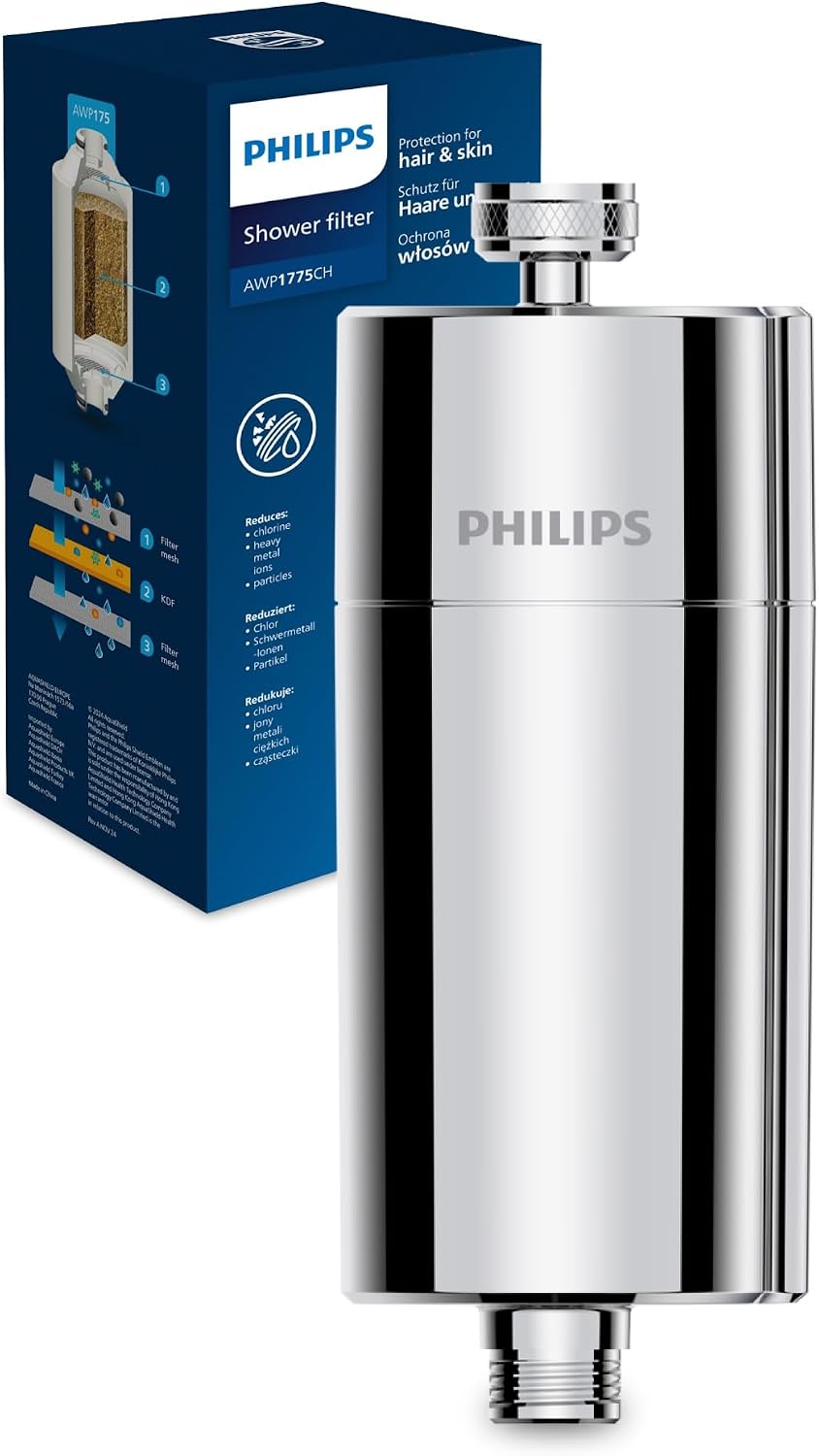 Philips Water Filtro de ducha en línea + 3 cartuchos de repuesto, reduce hasta un 99 % de CLORO, CROMADO, capacidad de filtración de 50 000 L por filtro