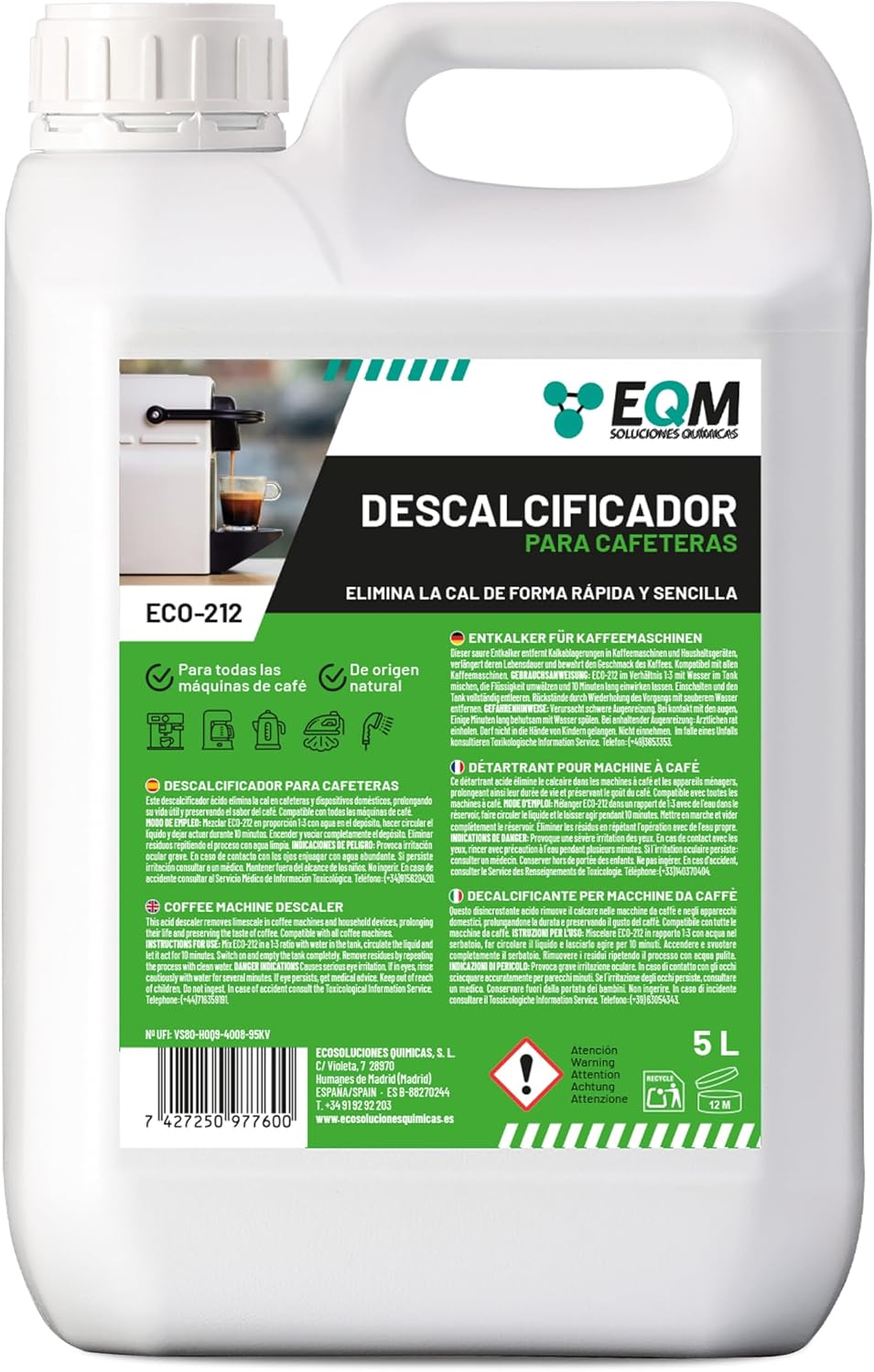 EQM - ECO-212 - Descalcificador para Cafeteras - 1L - Origen Natural 100% - Compatible con Todas las Máquinas de Café - Elimina la Cal Incrustada en Aparatos del Hogar