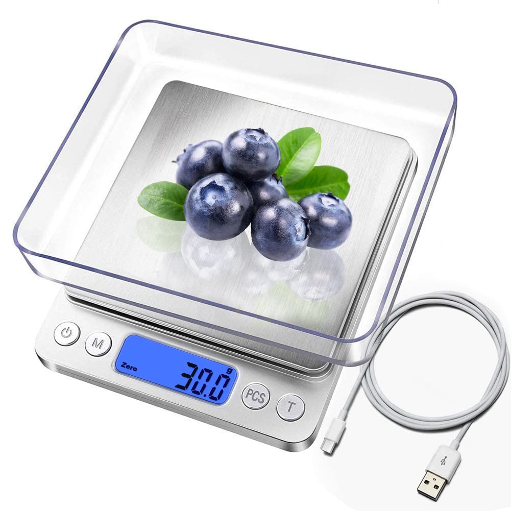 Básculas de cocina digitales, carga USB, 3 kg/0,1 g, eléctricas, impermeable, recargable por USB,acero inoxidable