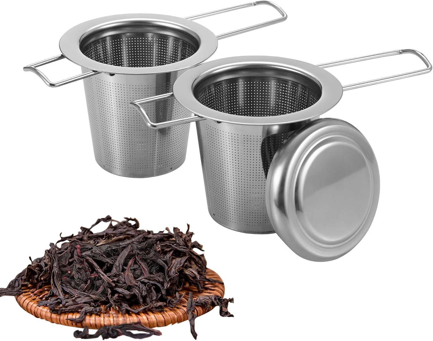 2 Piezas Infusor de Té, Filtro para Té de Acero Inoxidable 304,Filtros Para Té con Tapa y Mango Plegable, Reutilizable, se Adapta a Varios Tamaños de Tazas y Teteras