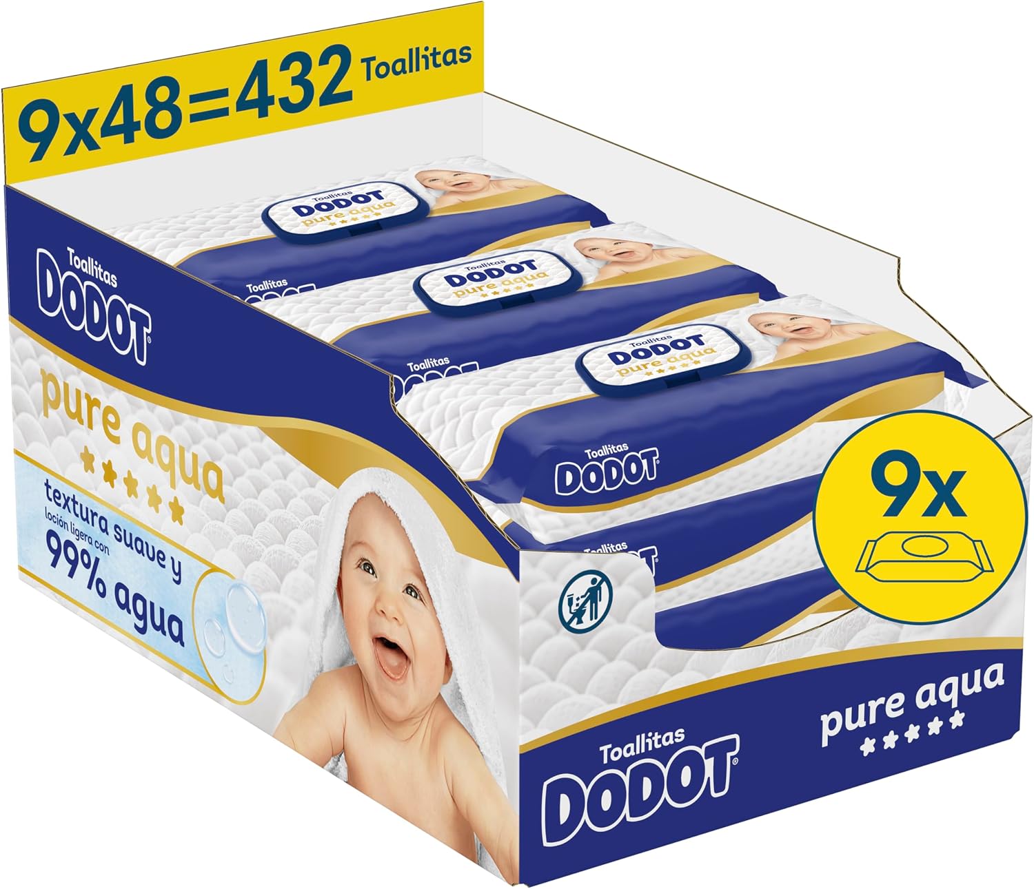 Dodot Pure Aqua Touch Toallitas Para Bebé 9 Paquetes De 48 Unidades = 432 Toallitas, Textura Suave & Loción Con 99% De Agua