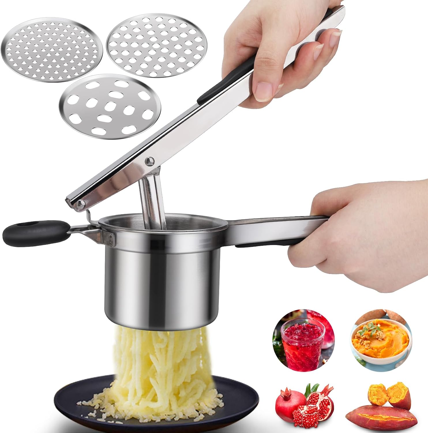 Prensa Patatas Pasapures Engrosamiento Acero Inoxidable con 3 Discos de Repuesto, Machacador de Papas Multipropósito para Puré de Papas, Comida para Bebé, Jugo, Exprimir Limón