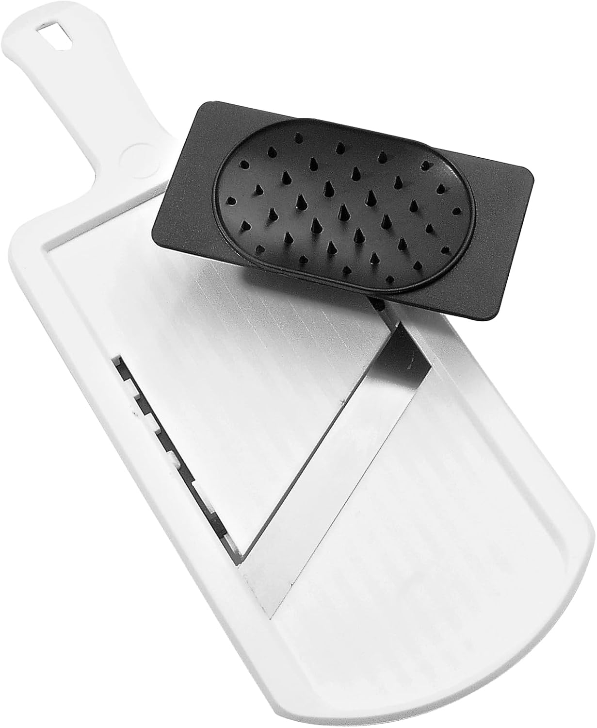 Fackelmann Mandolina de Cocina profesional ajustable para cortar verduras con Protector de Dedos, polímero y acero inoxidable, colores Blanco y Negro, 32x12, 5cm, 1 ud