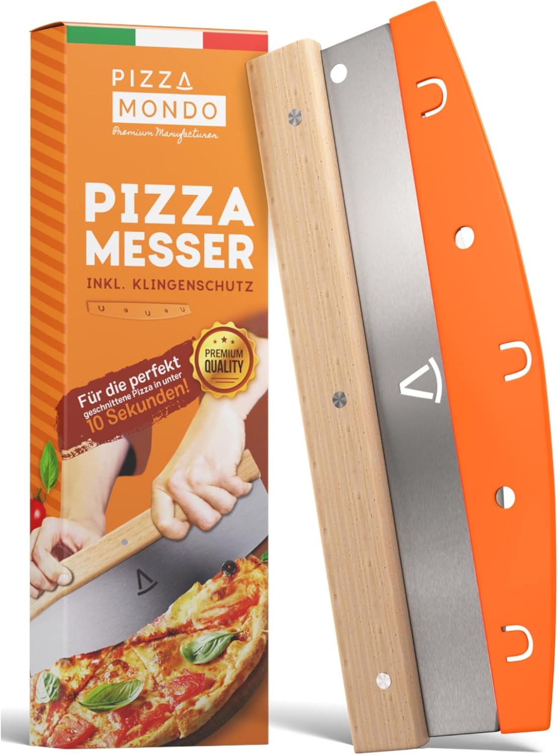 Pizza Mondo® corta pizza - Cortador pizza profesional más eficaz que el cortador giratorio | Cortapizzas profesional de acero inoxidable para pizza de 32 cm con mango de madera | Corte rápido y