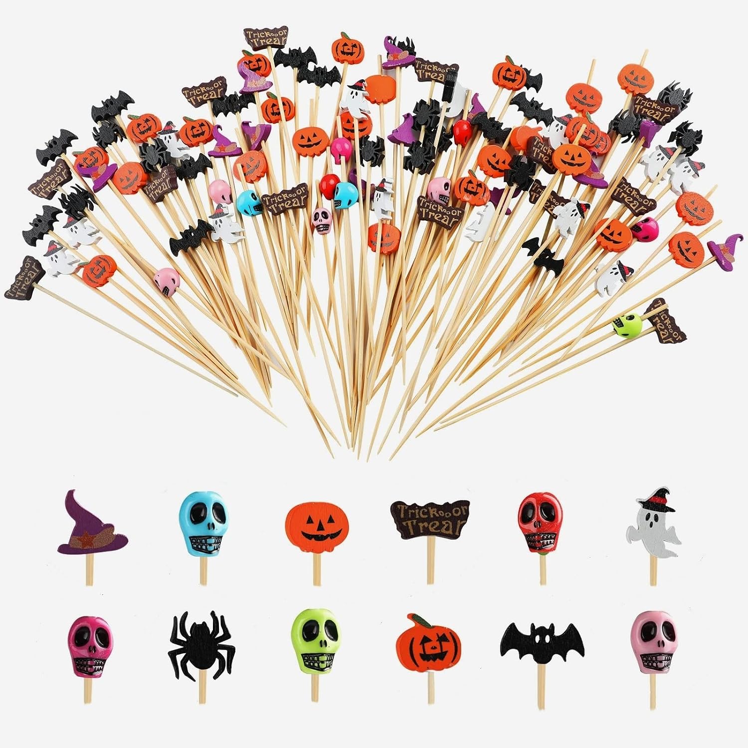 200 Pzas Halloween Palillos de Cóctel 12 cm Brochetas de Frutas Palitos de Cóctel de Madera Brochetas para Picoteos Palillos Decorativos Cráneo Calabaza Murciélago Halloween Pinchos