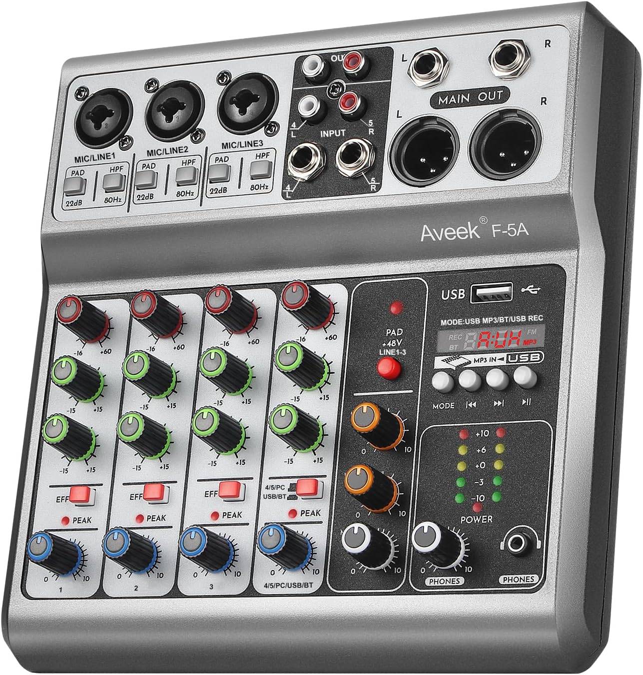 Aveek Mezclador de Audio 5Canales con Interfaz Grabación para PC Soundboard