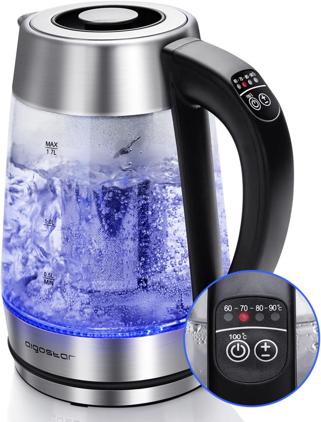 Aigostar Elvin - Hervidor de agua eléctrico, vidrio de borosilicato, 2200W, iluminación LED, capacidad 1L, Rápida ebullición, Protección contra la ebullición en seco, Libre de BPA, Blanco