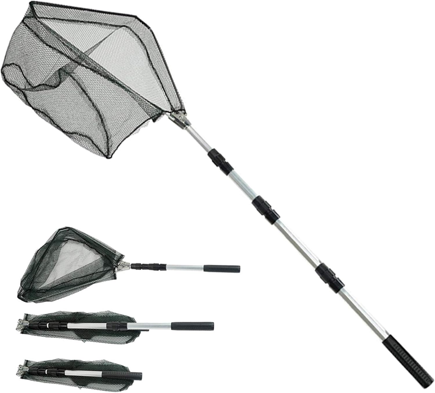 Red de Pesca de Acero Inoxidable Triangular Plegable -1,9 m Mango Largo telescópico Extensible -Red a Prueba de Enredos,Herramientas limpias para niños,del Acuario,estanques Objetos flotantes,pájaros