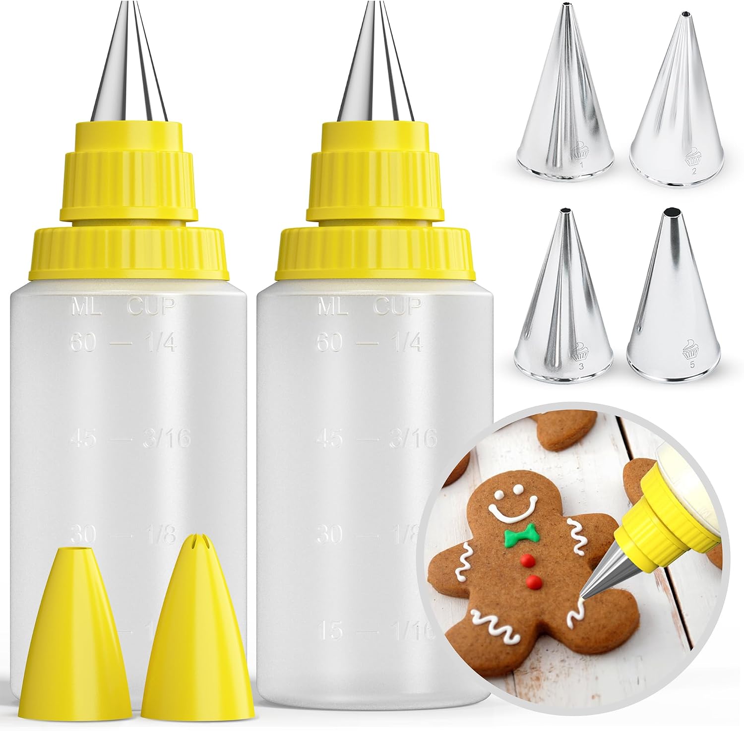 Set de 6pcs Biberones de Reposteria 60ml + 4 Boquillas para Manga (Tamaños M) - Biberon Cocina, Botellas de Silicona Fáciles de Apretar, Decoración de Galletas, Tartas, Postres