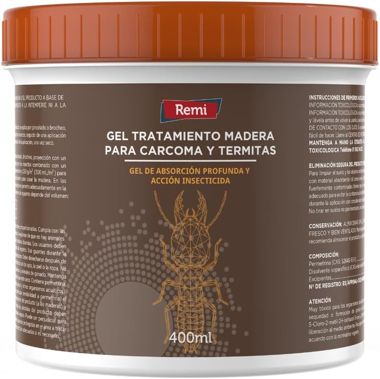 Remi Hogar Gel Mata Carcoma y Termitas para Madera | Tratamiento Curativo y Preventivo | Protector de Madera Interior | Elimina Larvas de Carcoma e Insectos Xilófagos | Listo para Usar | 400 ml