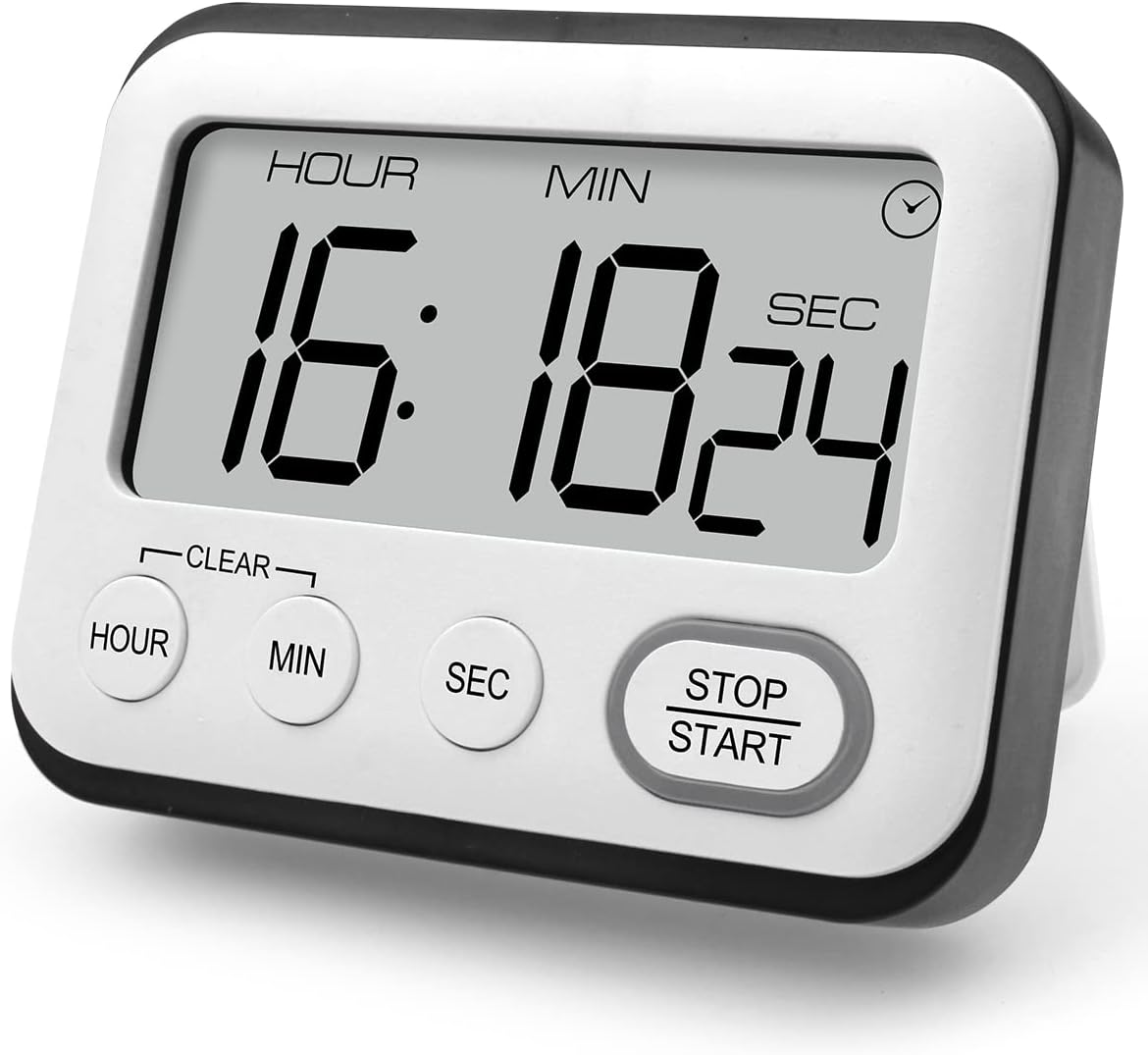 Temporizador de Cocina Multifuncional, Digital Temporizador con Pantalla LCD Grande dígitos Grandes, Cuenta Regresiva y Cronómetro con Función de Reloj, Despertador
