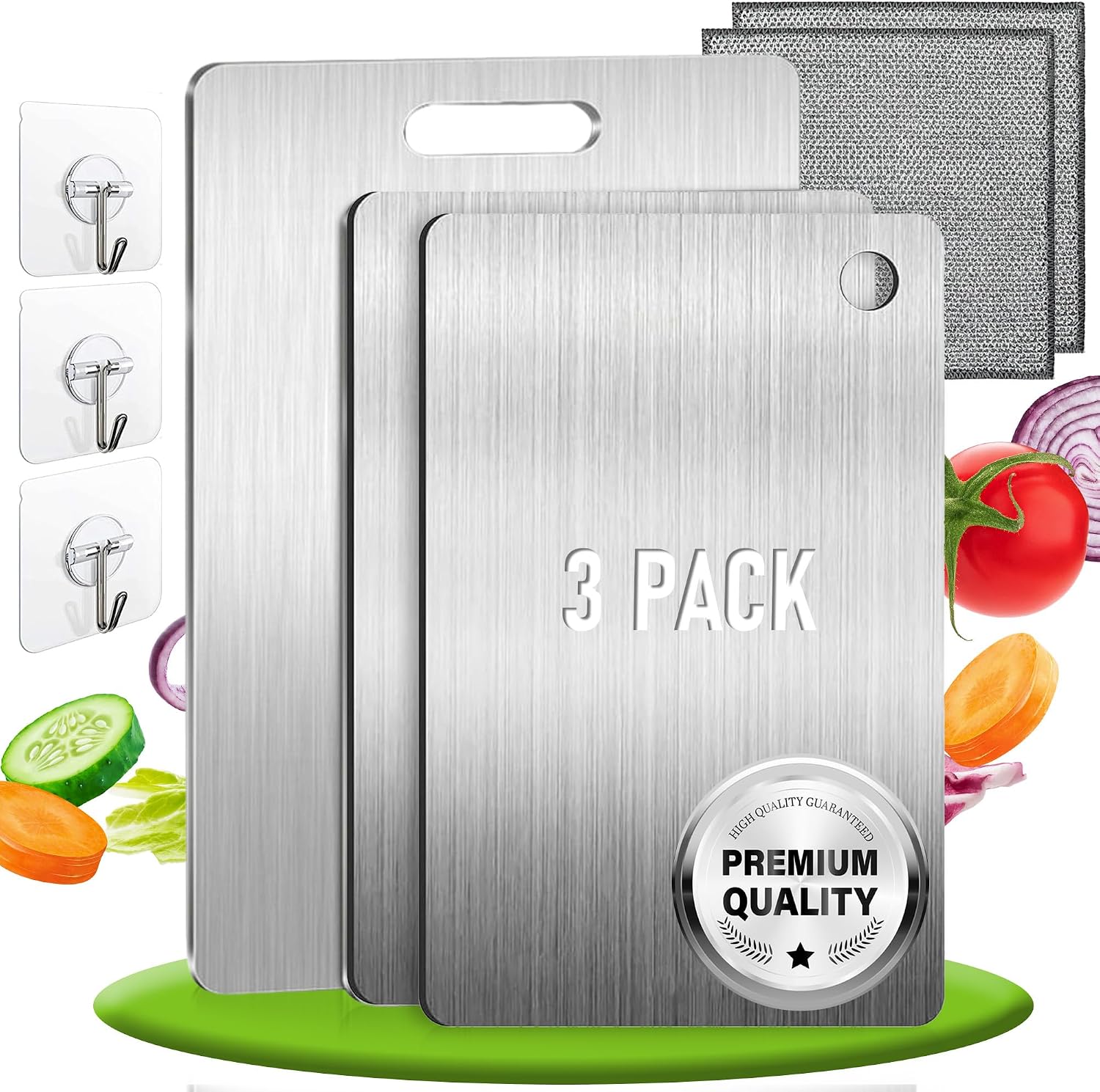SET de 3 Tabla de Cortar con Aleación de Titanio para Cocina de Acero Inoxidable SUS316 y SUS 304 + Ganchos y Paños - Resistentes, Reversibles y Fáciles de Limpiar | 3-Stars