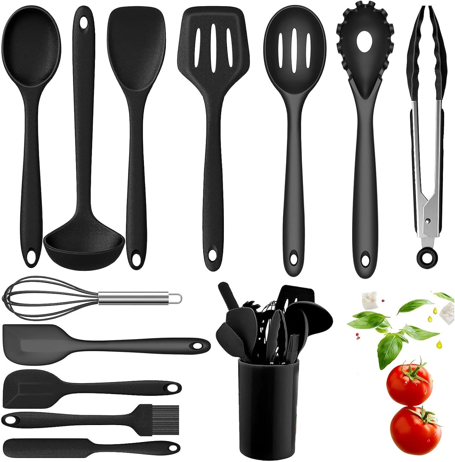 13 Piezas Utensilios de Cocina de Silicona, juego Utensilios de Cocina Resistencia al Calor y Antiadherente, sin BPA, con Cubo para Guardar Utensilios