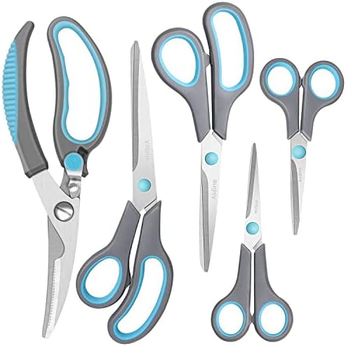 Asdirne Tijeras, Tijeras de Cocina con Hojas Afiladas de Acero Inoxidable y Mangos Suaves, Juego de Tijeras Multifuncionales, 5 Piezas, Azul/Gris