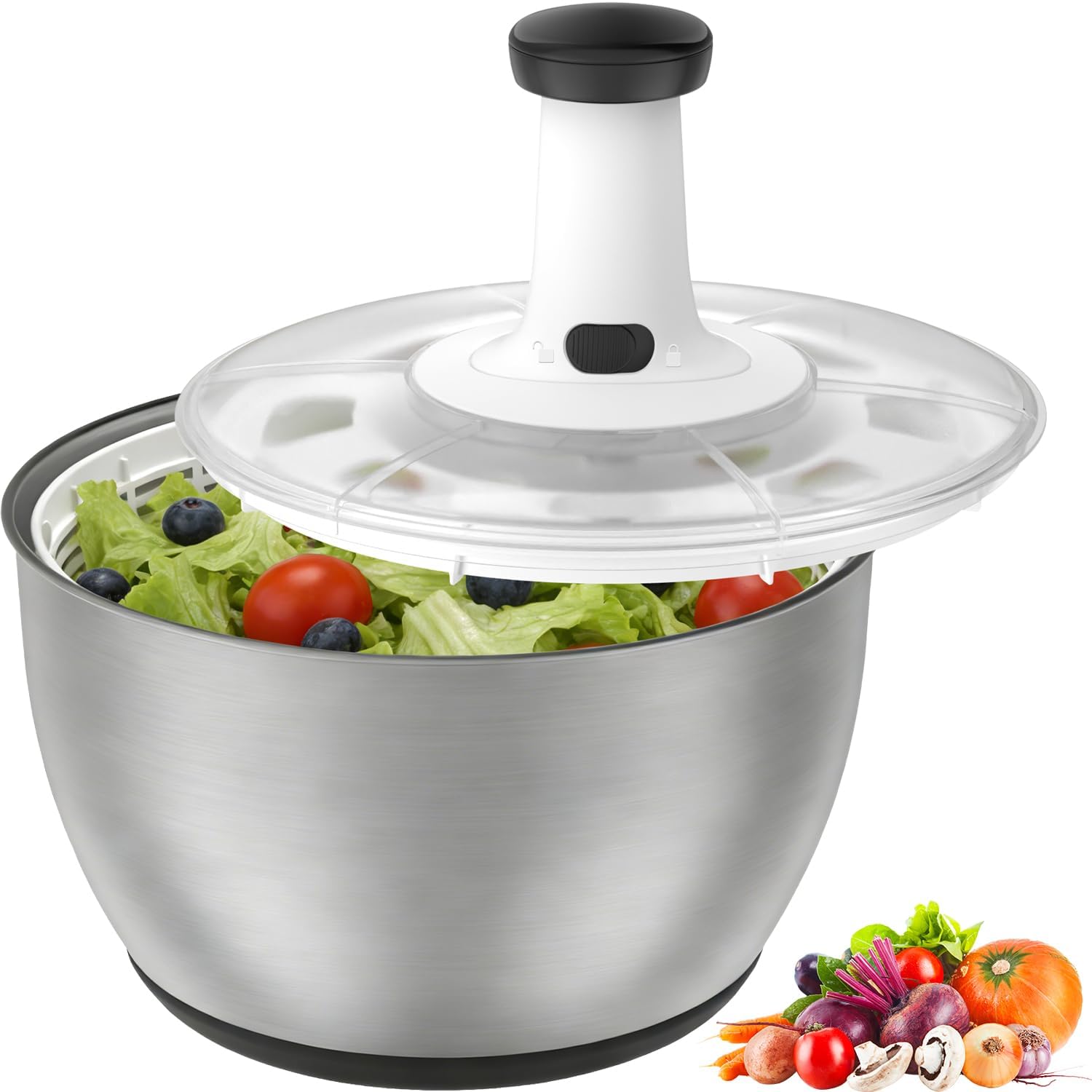 Centrifugadora Lechuga Acero Inoxidable, 6L Gran Capacidad Escurridor Lechuga Centrifuga con Ensaladera y Base Antideslizante, Escurridor Verduras Lava y Seca Rápidamente Verduras y Frutas