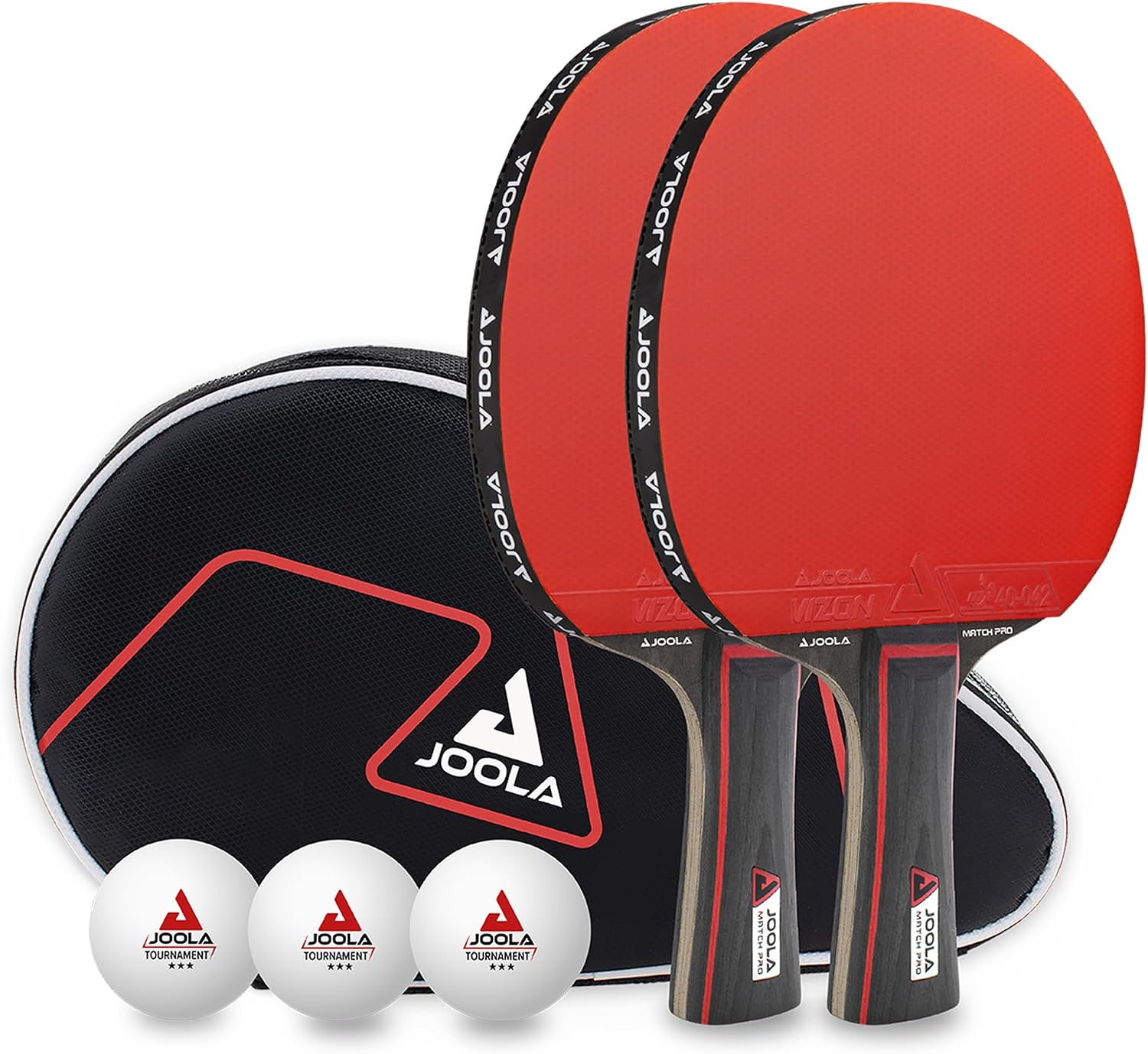 JOOLA Set Duo Pro 2 Raquetas 3 Pelotas de Ping Pong + Funda Protectora, Rojo y Negro, 6 Piezas