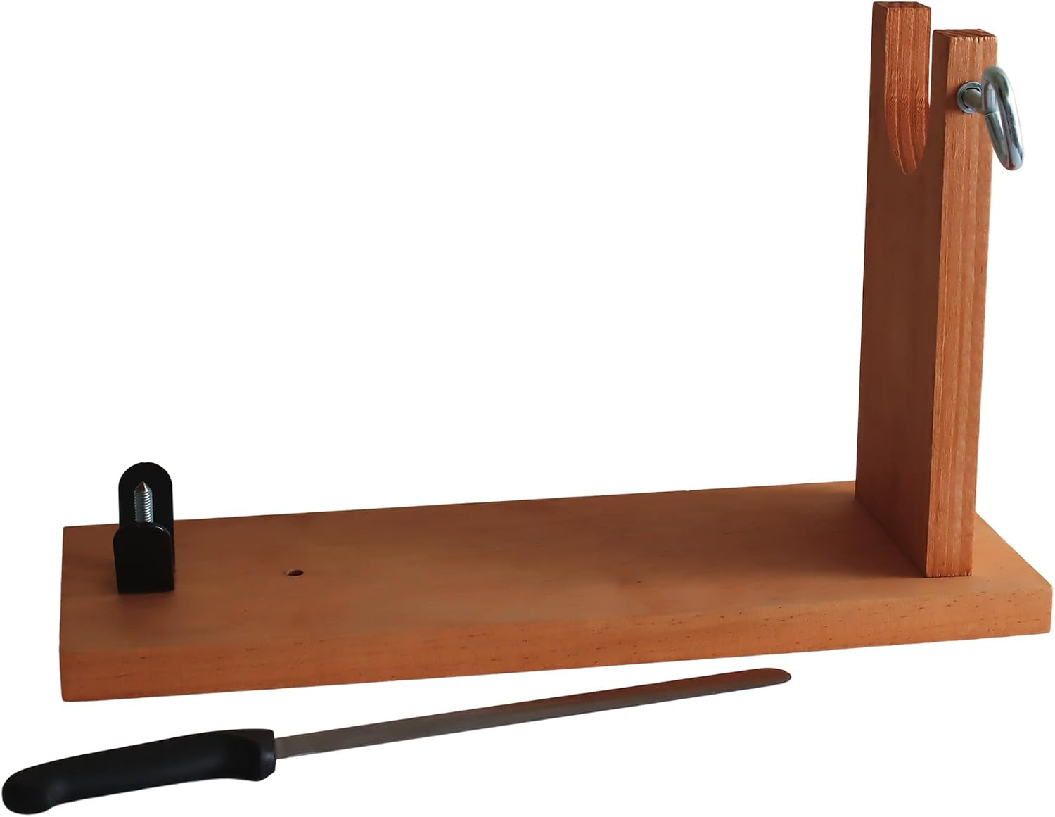 Fackelmann Set Soporte Jamonero y Cuchillo 22/33cm, Rosca Insertada para Mayor Durabilidad, Doble Agujero para Ajuste de Jamones Grandes y Pequeños, Fabricado en España, Madera de Pino, 42x16x26 cm