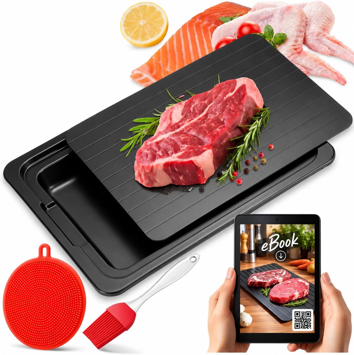 Tabla Descongelación Rápida Alimentos - Placa de Aluminio 35,5X20,5X0,2cm con Cepillo Silicona y Pincel - Bandeja Reutilizable y Profesional para Carne Pescado Pollo - Cocina Higiénica | Three Stars