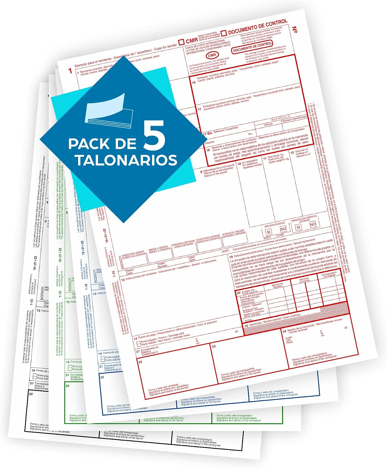 CMR - PACK 5 TALONARIOS - Transporte Internacional - Autocopiativos - 4 Copias Numeradas…