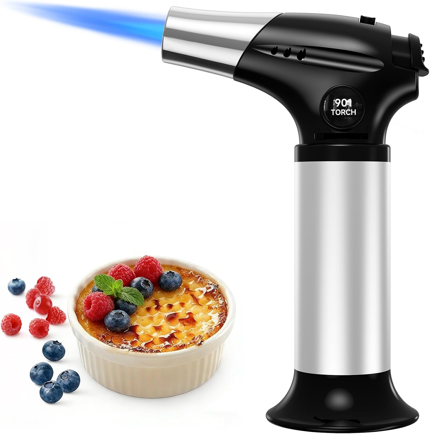 Ankway Soplete de Cocina - Recargable Flambeador Cocina con Bloqueo de Seguridad y Llama Ajustable para postres de crema brulee, hornear, barbacoa, bricolaje, Plateado - Butano No Incluido
