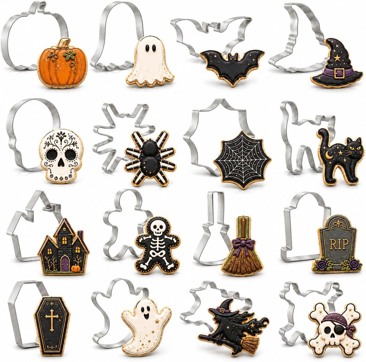 Cortadores de Halloween, 16 cortadores de galletas de acero inoxidable
