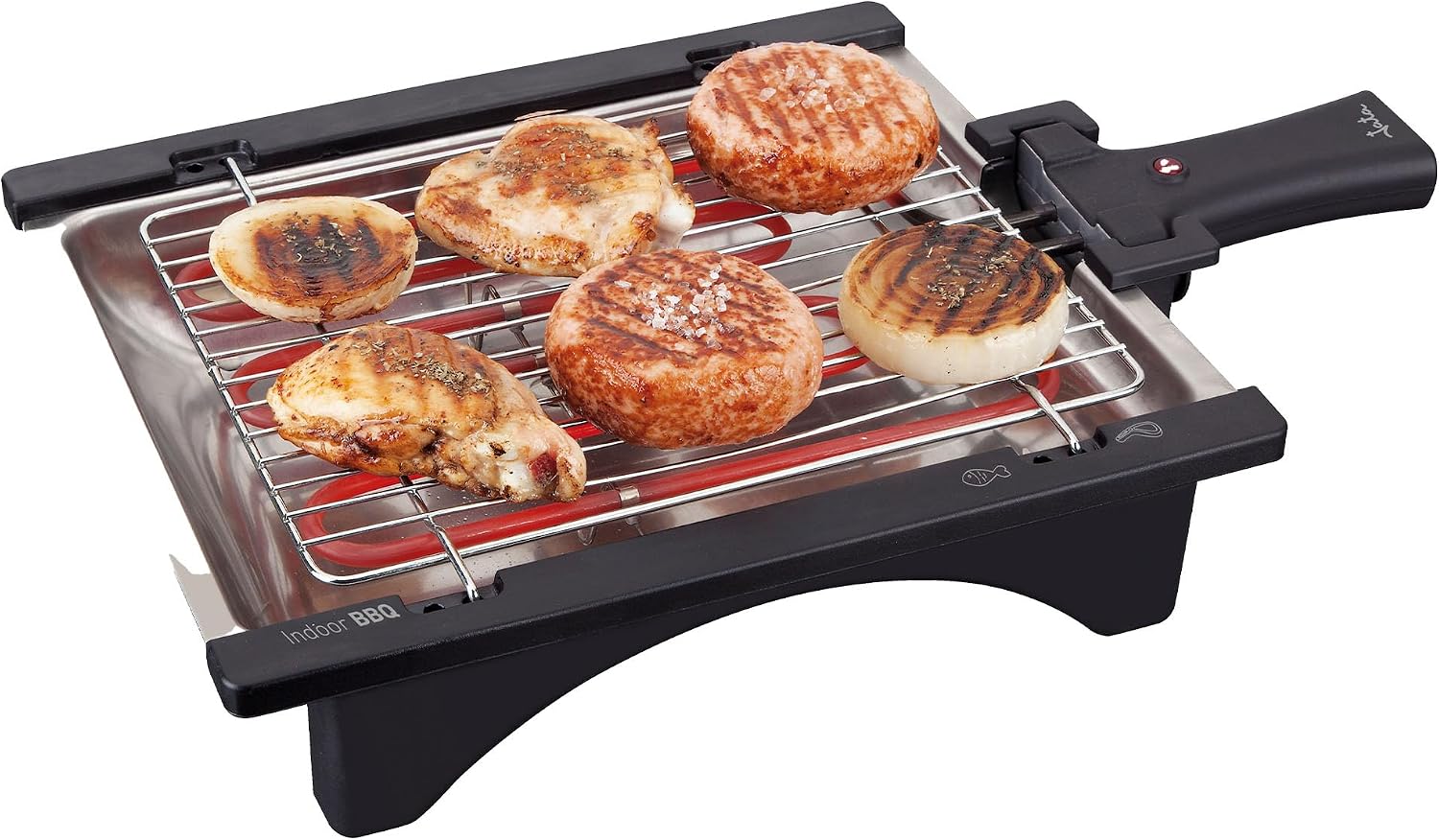 JATA BQ95 - Barbacoa Eléctrica 2000 W sin Humo con Parrilla Ajustable 2 Alturas, Bandeja de Agua Antihumos, Grill Desmontable Fácil Limpieza, Superficie 28x22 cm