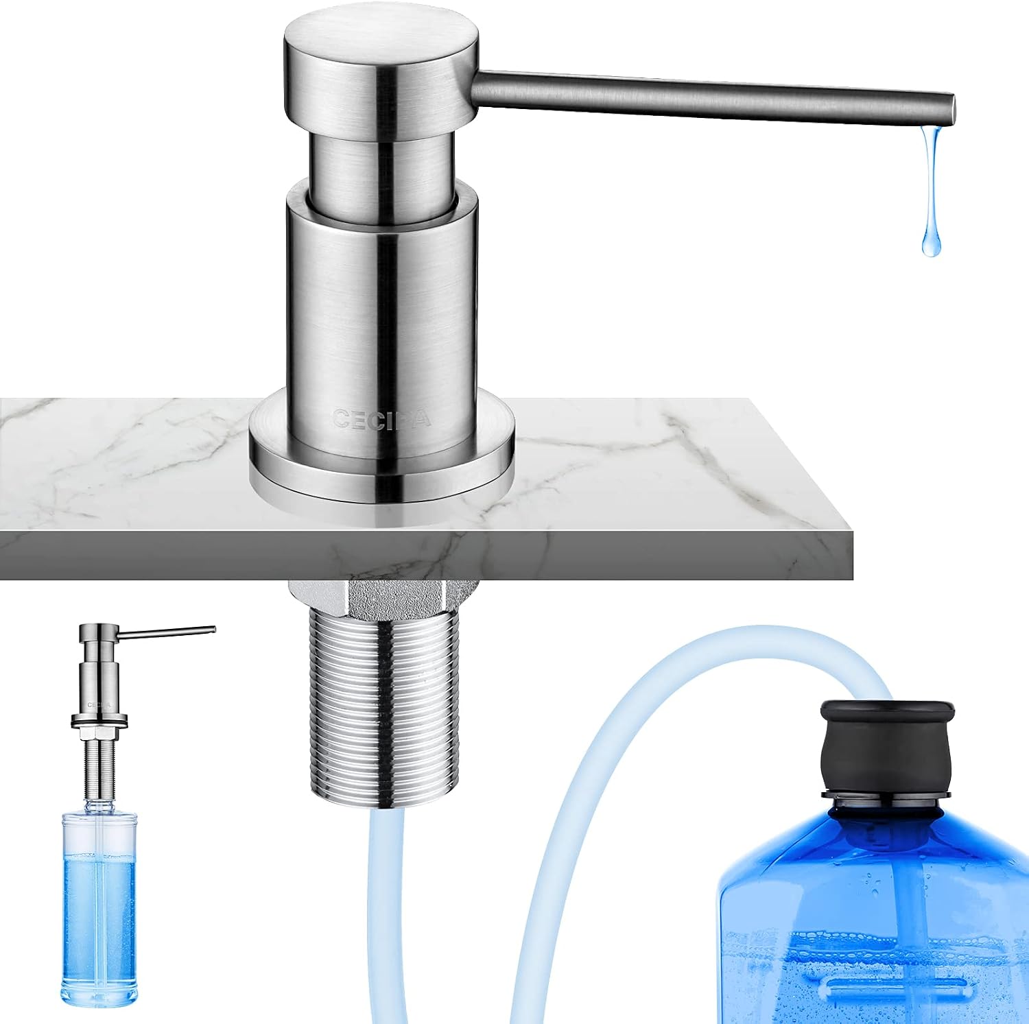 CECIPA Dispensador de jabón empotrable para Cocina, dispensador de jabón para Fregadero con Botella de 300 ml y Manguera de extensión de 1.2 m, Bomba giratoria de 360°, Cromo