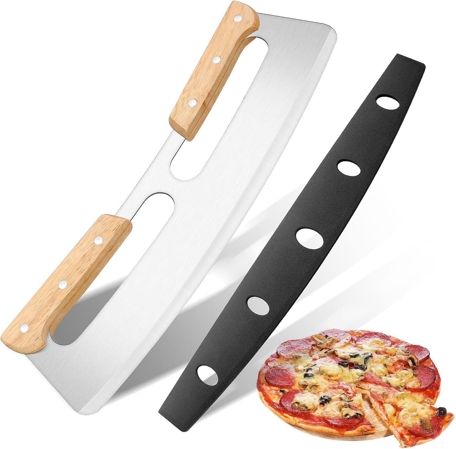 KUONIIY Cortador de Pizza Oscilante, Corta Pizza con Dual Mango de Madera, Cuchilla Pizza de Acero Inoxidable con Tapa Protectora, 14 Pulgadas