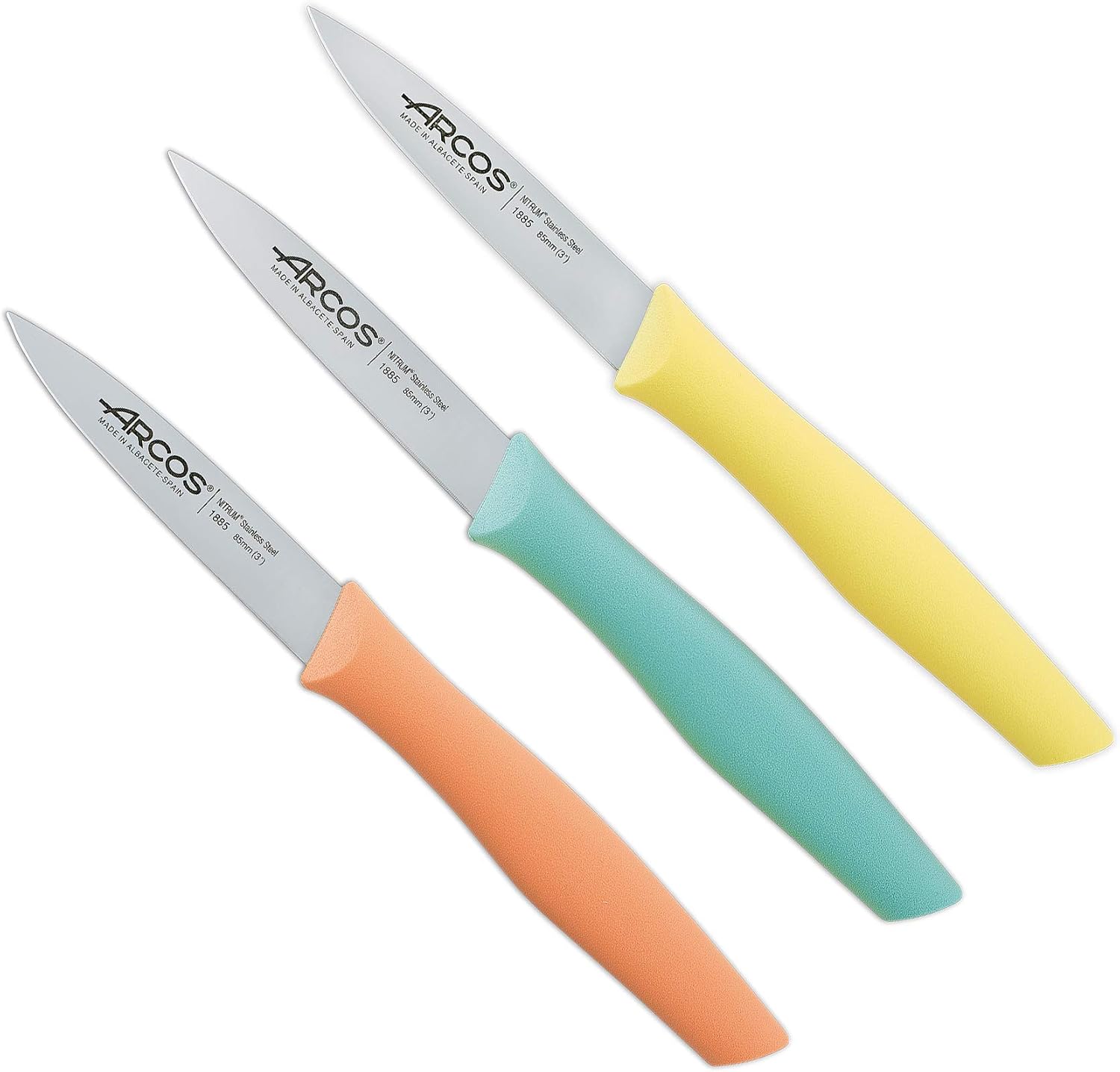 Arcos Serie Nova - Cuchillo para pelar, Acero Inoxidable NITRUM, Envase Ecológico, 3 colores Fucsia, Turquesa y Amarillo