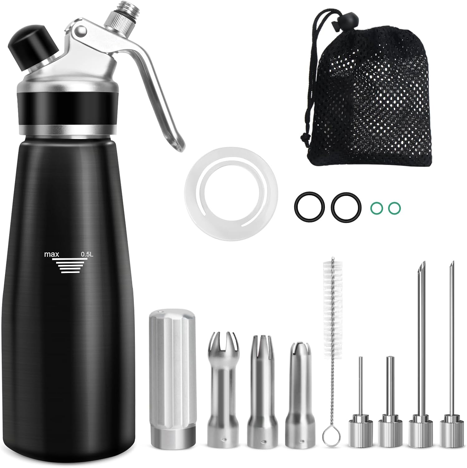 Sifón de Cocina,500 ml sifón de Cocina espumas,sifon de Nata Aluminio para Espumas Dulces Y Saladas Nata Mousse,con 4 Puntas de inyector,3 boquillas Acero Inoxidable