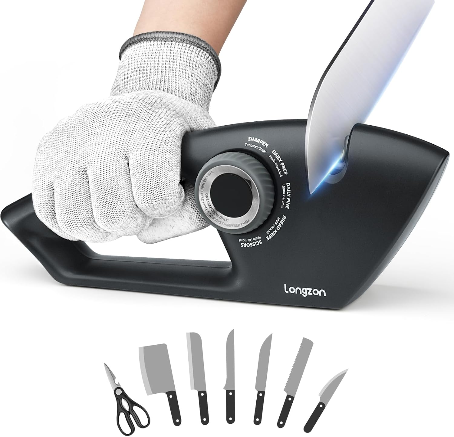 Longzon Afilador de Cuchillos Profesional 5 en 1 - Manual para Cocina, Knife Sharpener