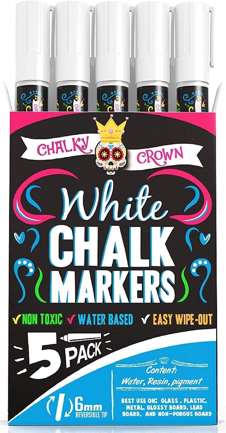 Chalky Crown Rotuladores Cristal Borrable - Punta Reversible Tiza Liquida - Rotulador Cristal Borrable para Pizarras, Carteles, Ventanas, Vidrio(Pack de 8) - Multicolor, 6 mm