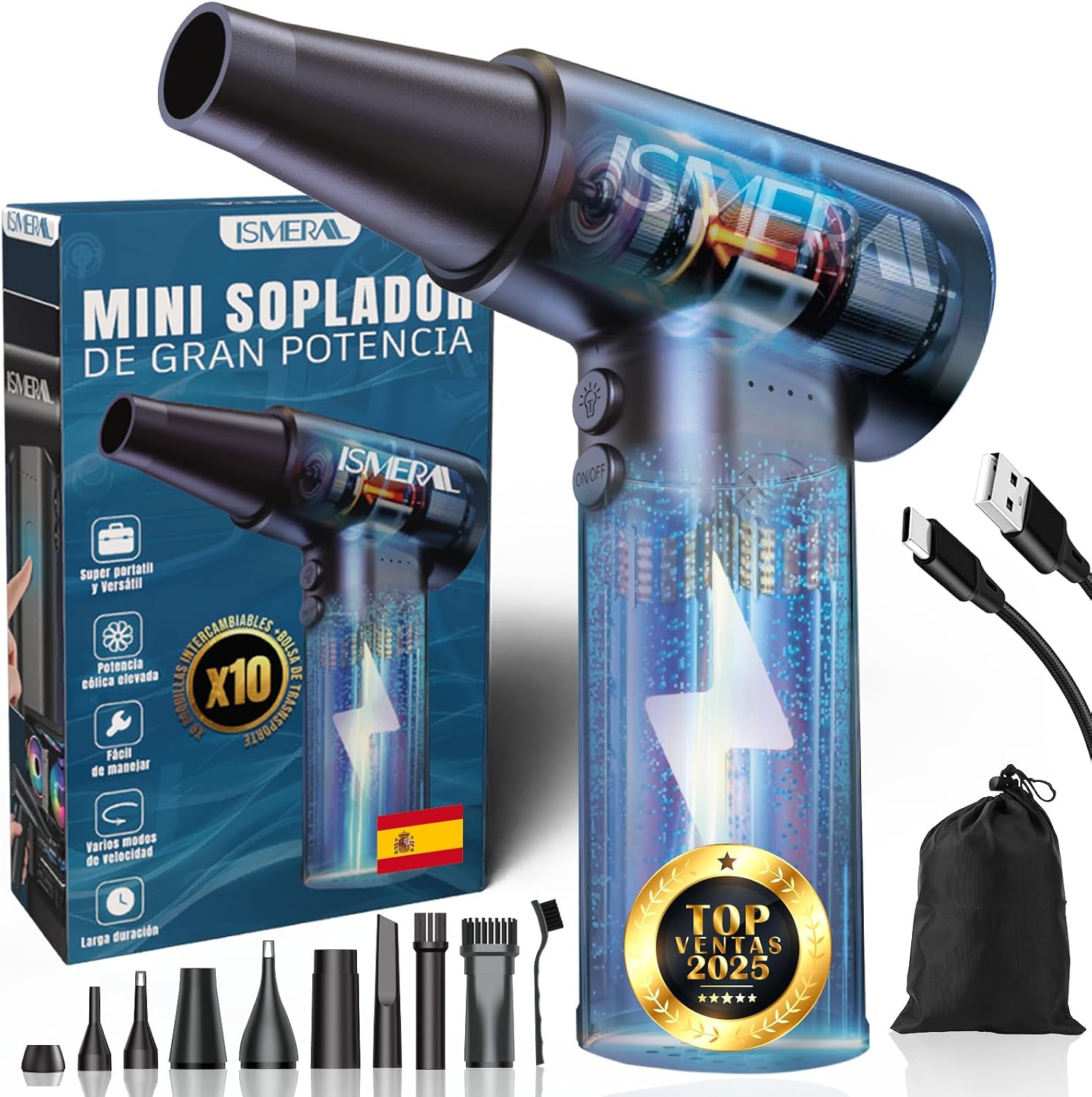 Soplador de Aire Potente 150000 RPM | 6000 mAh+9 Boquillas +Bolsa de Viaje