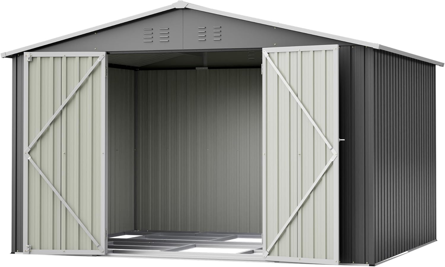 Cobertizo de jardín de metal 10x8 pies con ventana y 4 ventilaciones, cobertizo de jardín de metal impermeable, cobertizo de jardín con techo inclinado, cerradura y marco inferior, 311x240 cm (gris