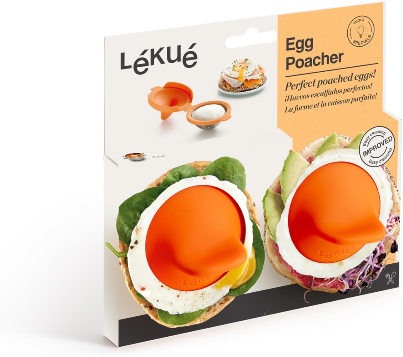 Lékué Set 2 Escalfador de Huevos, poché, Silicona+acero inoxidable, Naranja