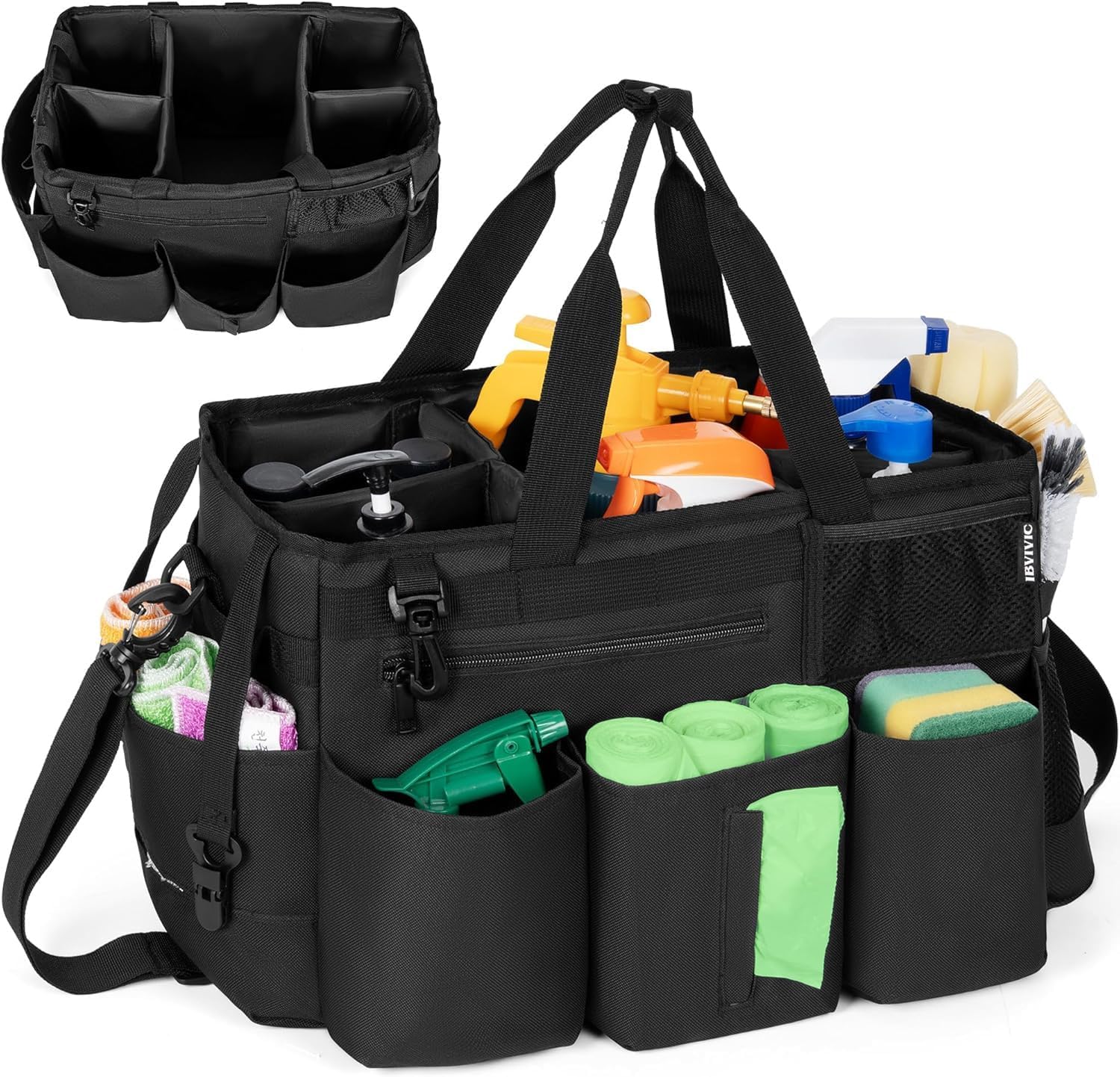 OUUTMEE Bolsa de limpieza de 20 x 38 x 26 cm, con compartimento extraíble, bolsa de limpieza portátil, organizador para productos de limpieza con correa de hombro ajustable, color negro grande