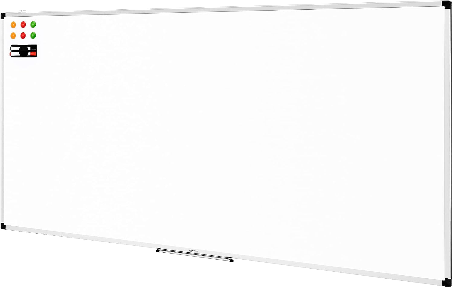 Amazon Basics Pizarra Blanca Magnética con Marco de Aluminio, Bandeja para Rotuladores, 6 Imanes, 1 Borrador y 2 Rotuladores para Uso en Oficina y Hogar, Montaje en Pared, Borrado en Seco, 90 x 60cm