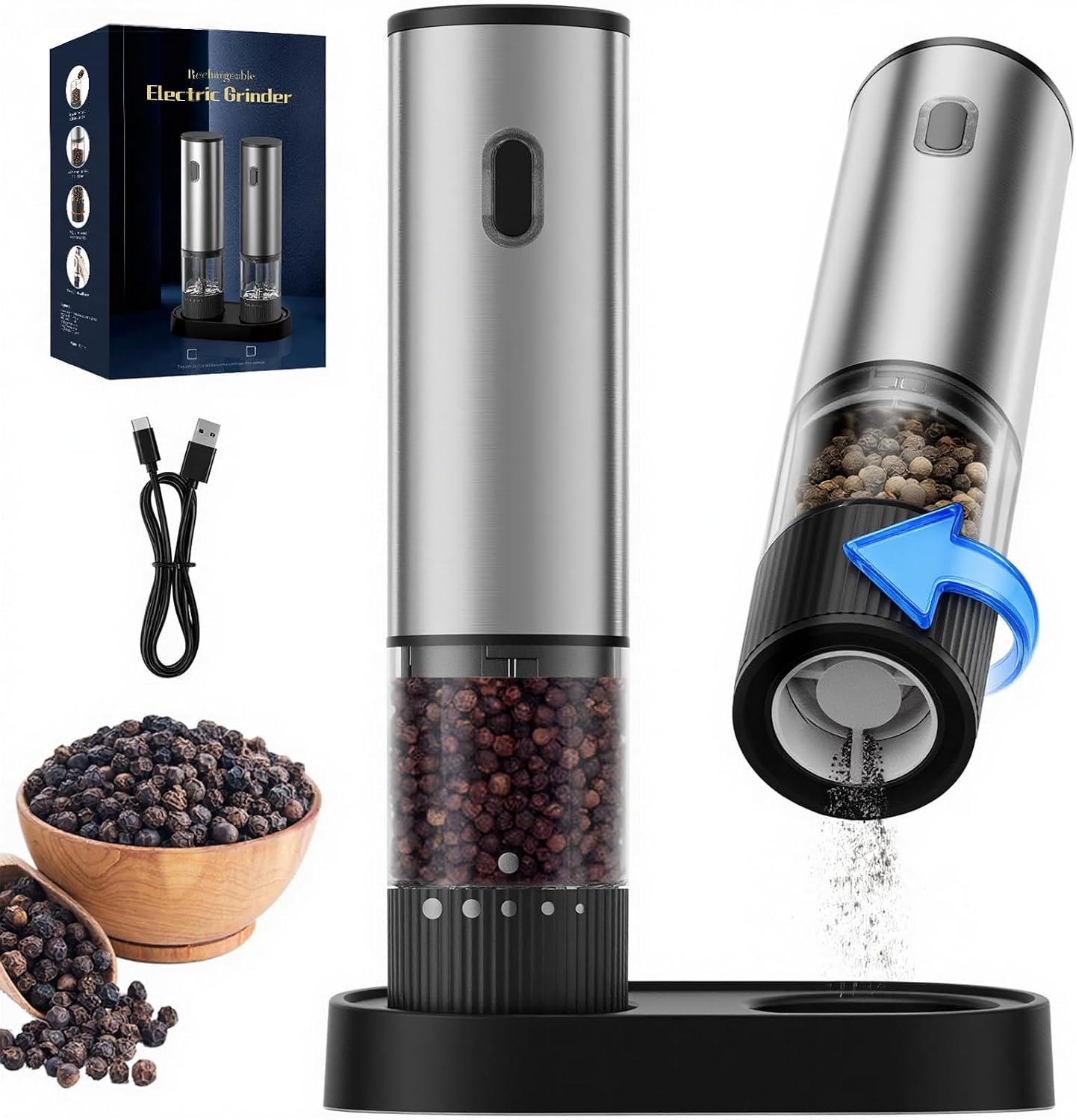 Juego de molinillos eléctricos de sal y pimienta, molinillo de pimienta recargable con fuerza de molienda ajustable, funcionamiento silencioso para cocina y comedor,Juego plateado